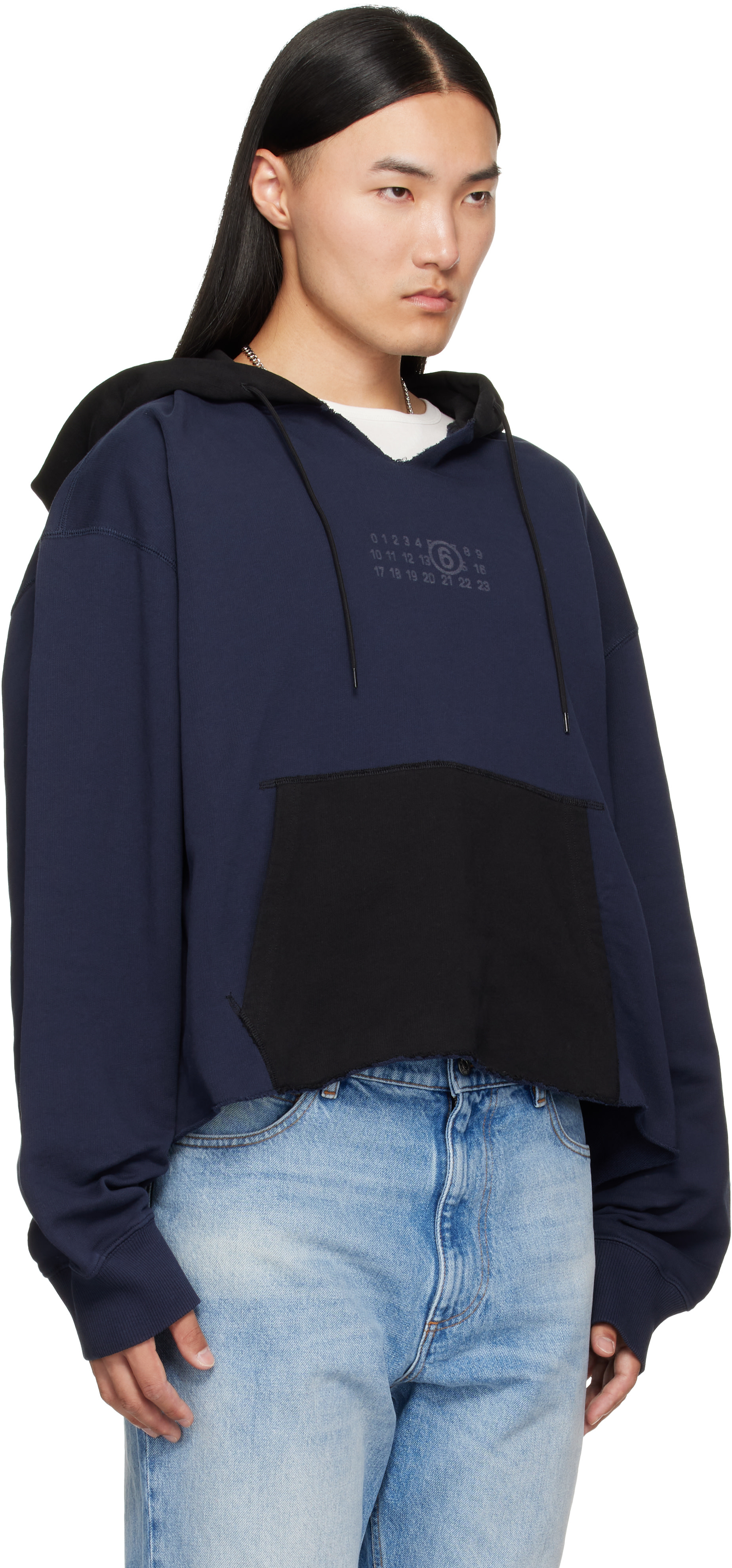 MM6 Maison Margiela: ネイビー＆ブラック Frayed フーディ | SSENSE 日本