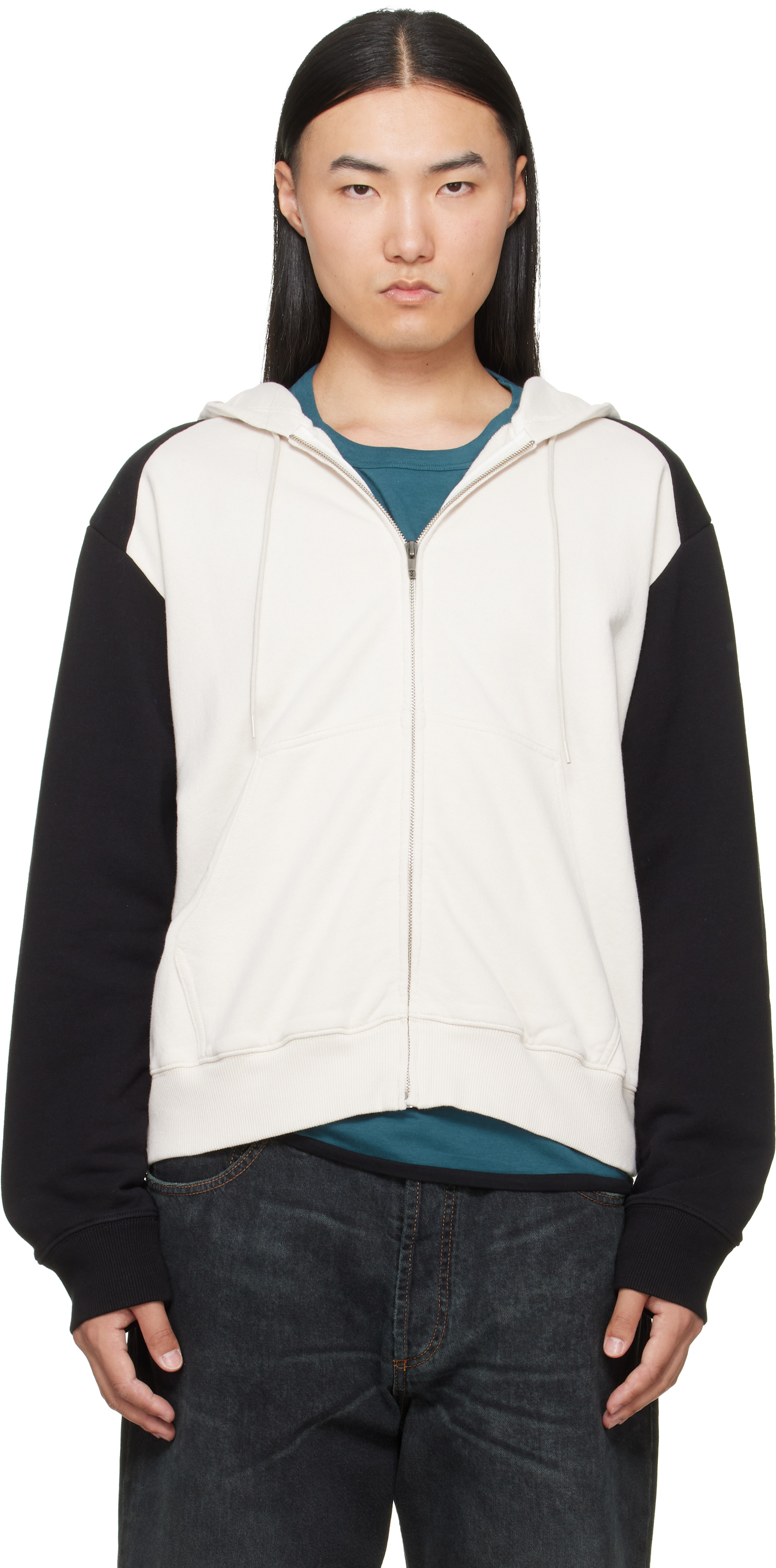 MM6 Maison Margiela: Off-White & Black Paneled Zip-Up Hoodie | SSENSE