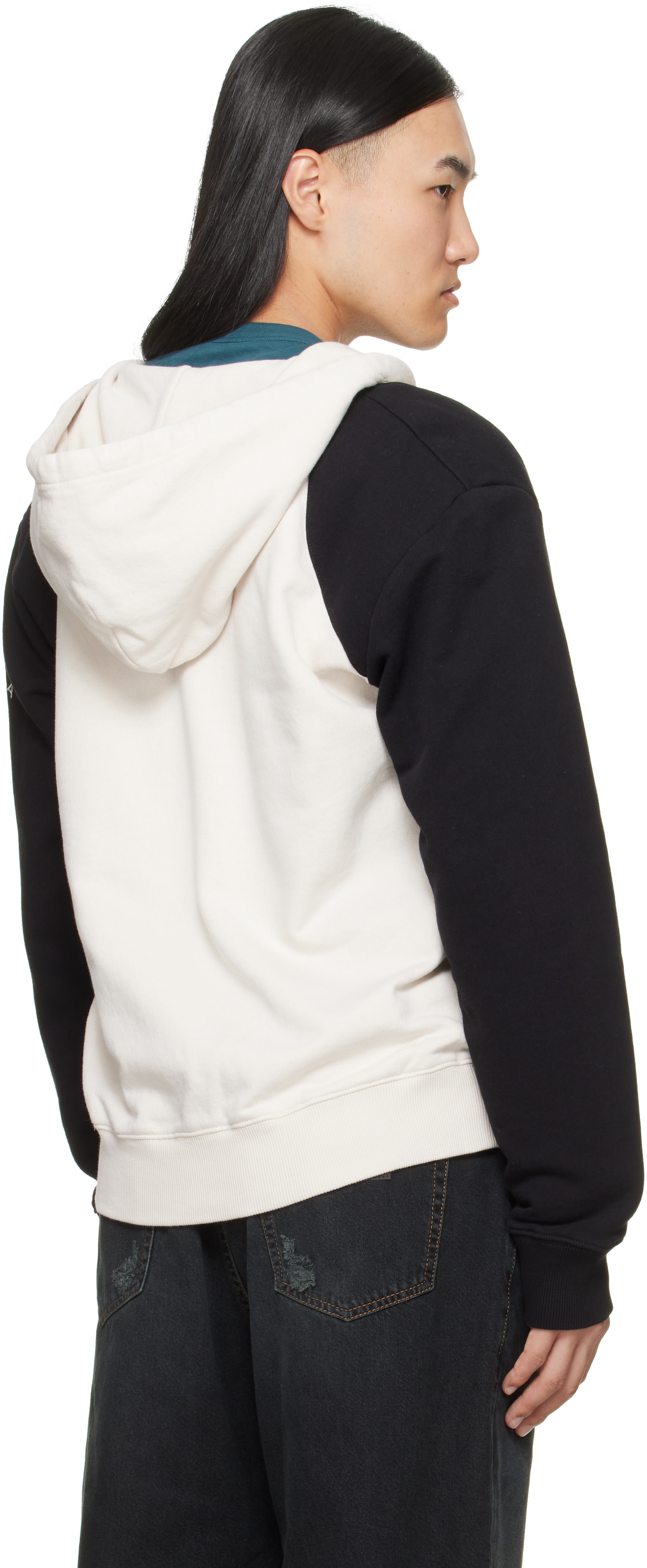 MM6 Maison Margiela: Off-White & Black Paneled Zip-Up Hoodie | SSENSE
