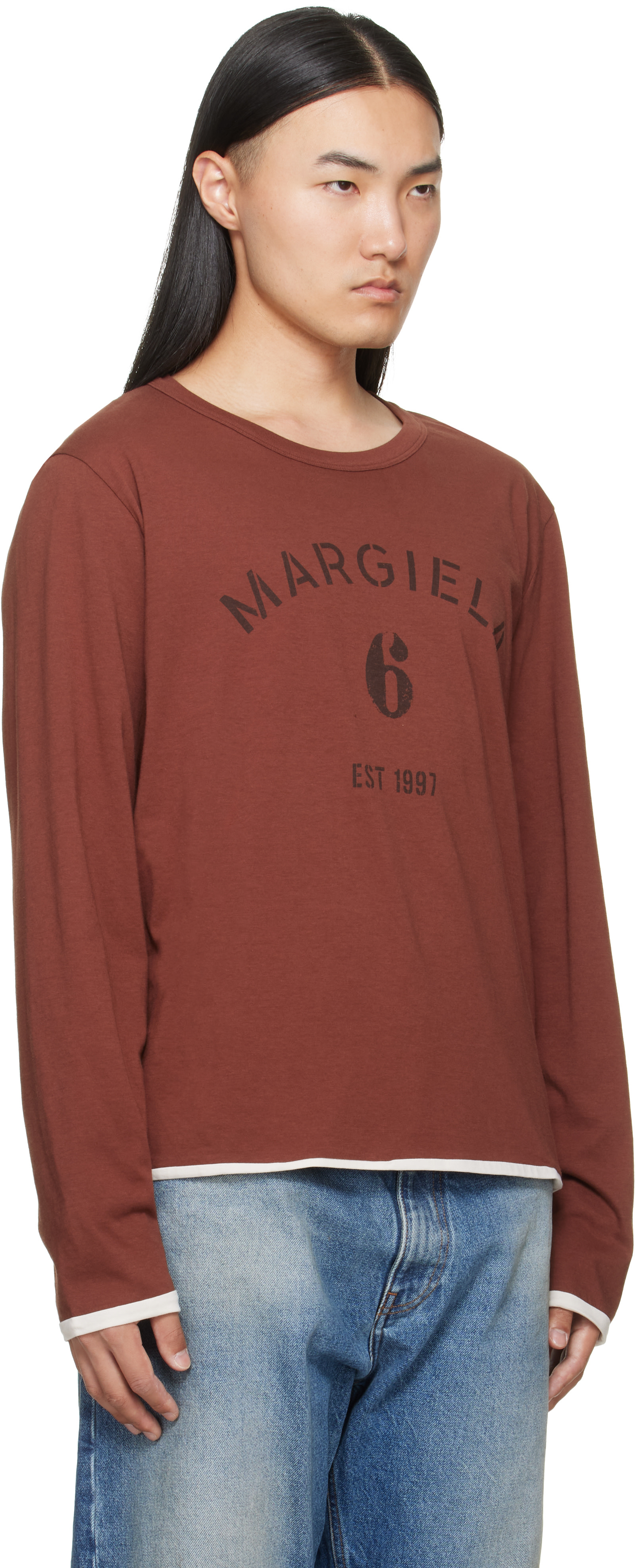 MM6 Maison Margiela: Brown Long-Sleeved Reversible T-shirt | SSENSE