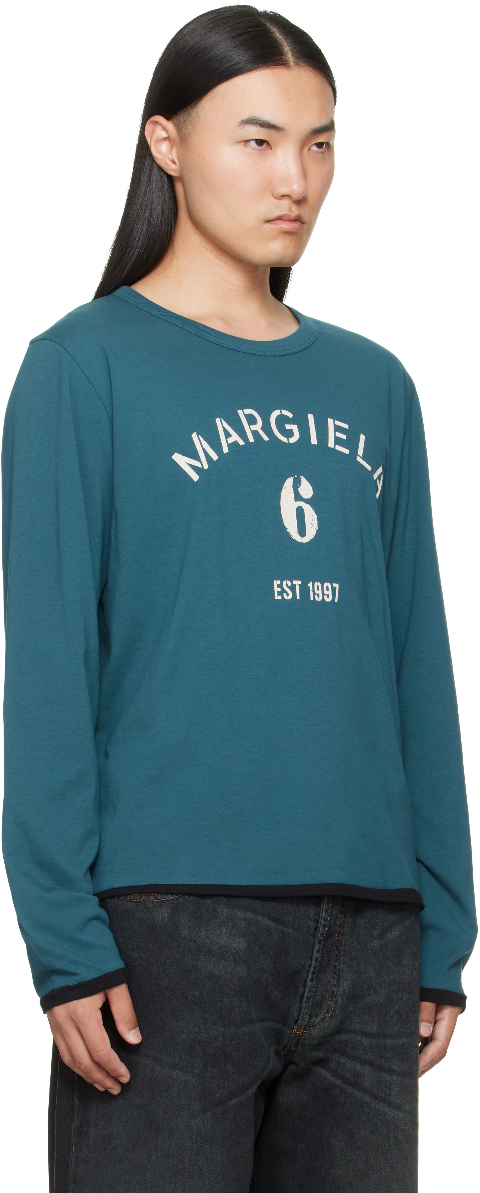 MM6 Maison Margiela: Blue Long-Sleeved Reversible T-shirt | SSENSE