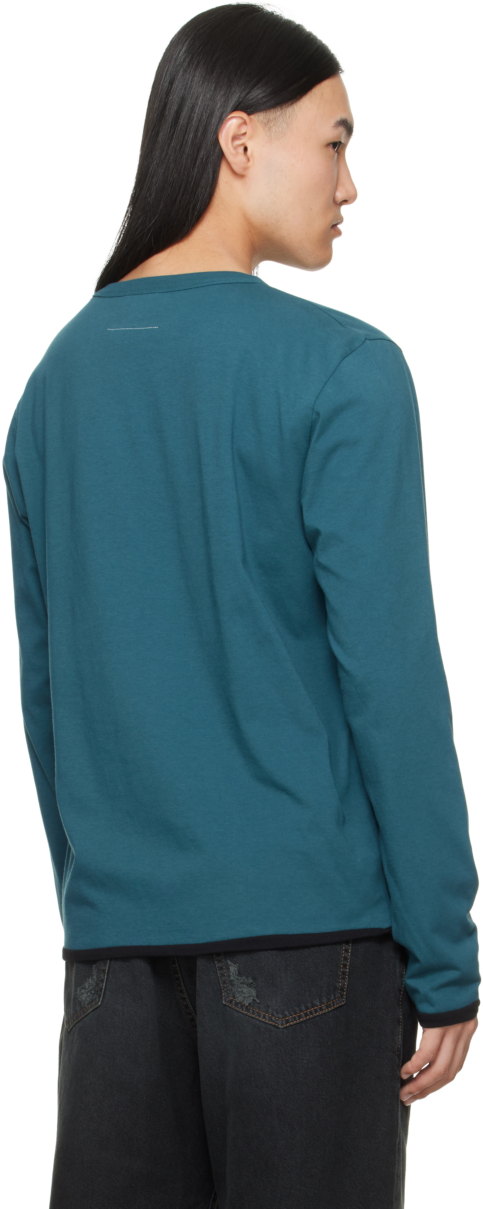 MM6 Maison Margiela: Blue Long-Sleeved Reversible T-shirt | SSENSE