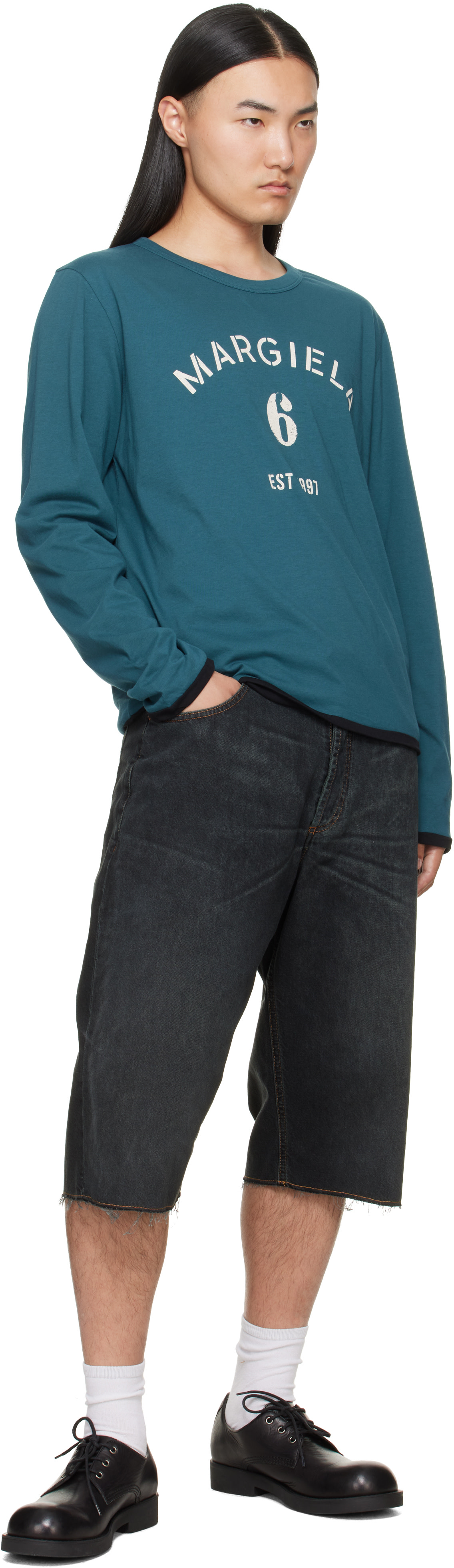 MM6 Maison Margiela: Blue Long-Sleeved Reversible T-shirt | SSENSE