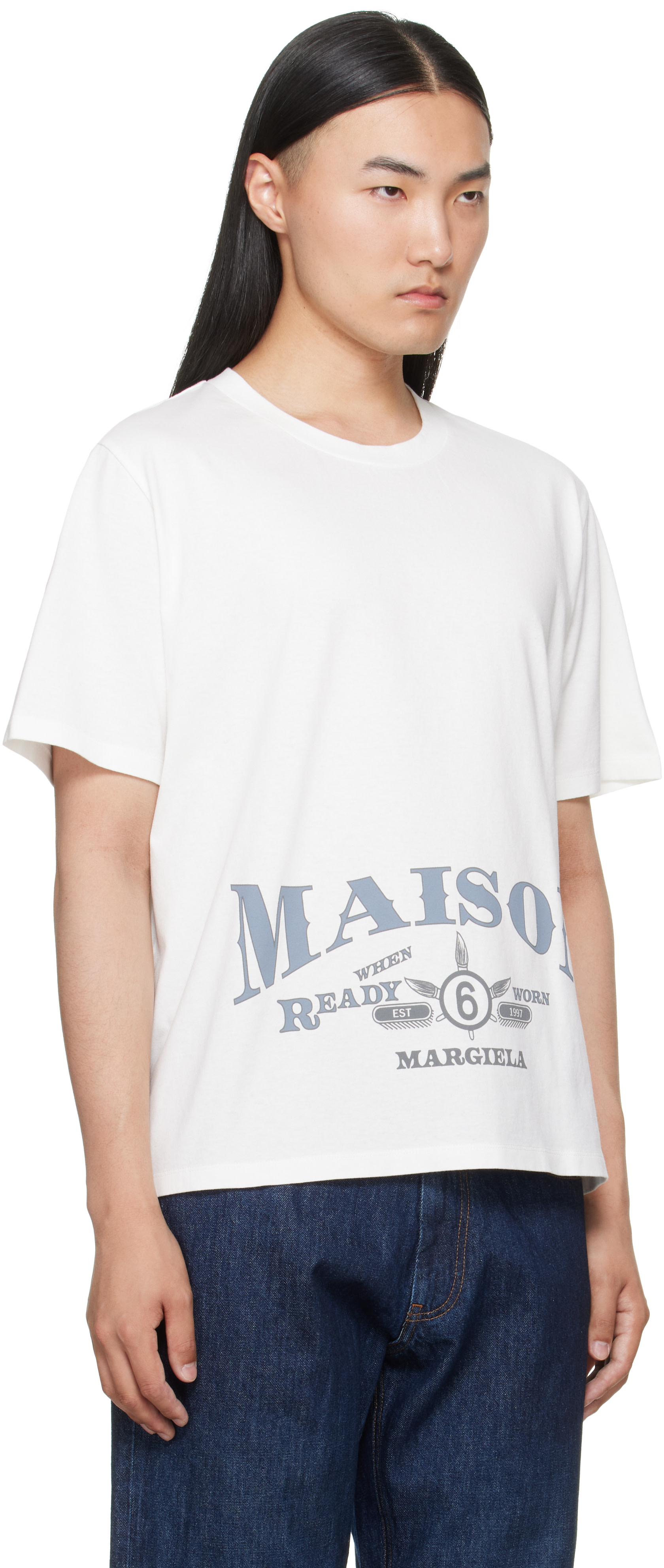 MM6 Maison Margiela: オフホワイト ロゴプリント Tシャツ | SSENSE 日本