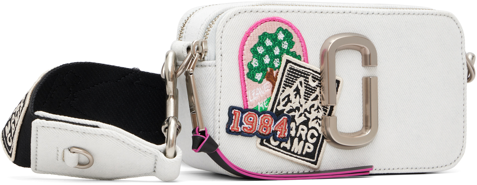 Marc Jacobs - Sac Snapshot blanc cassé en denim à patchwork Camp