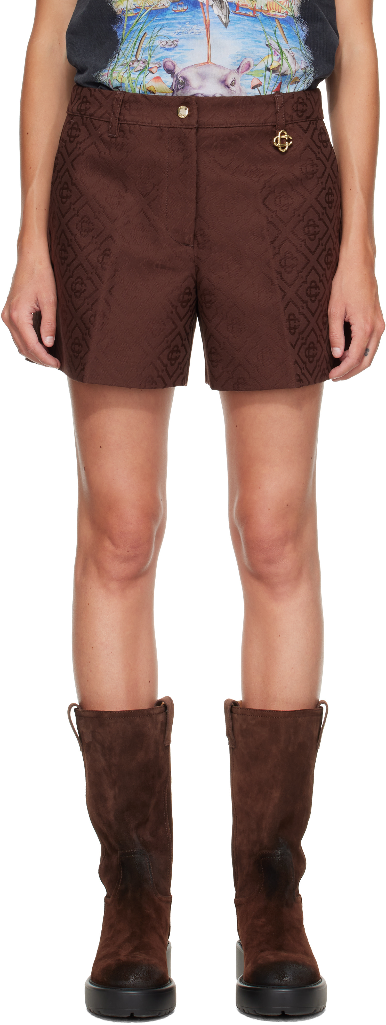 Casablanca - Short brun en coton à monogrammes