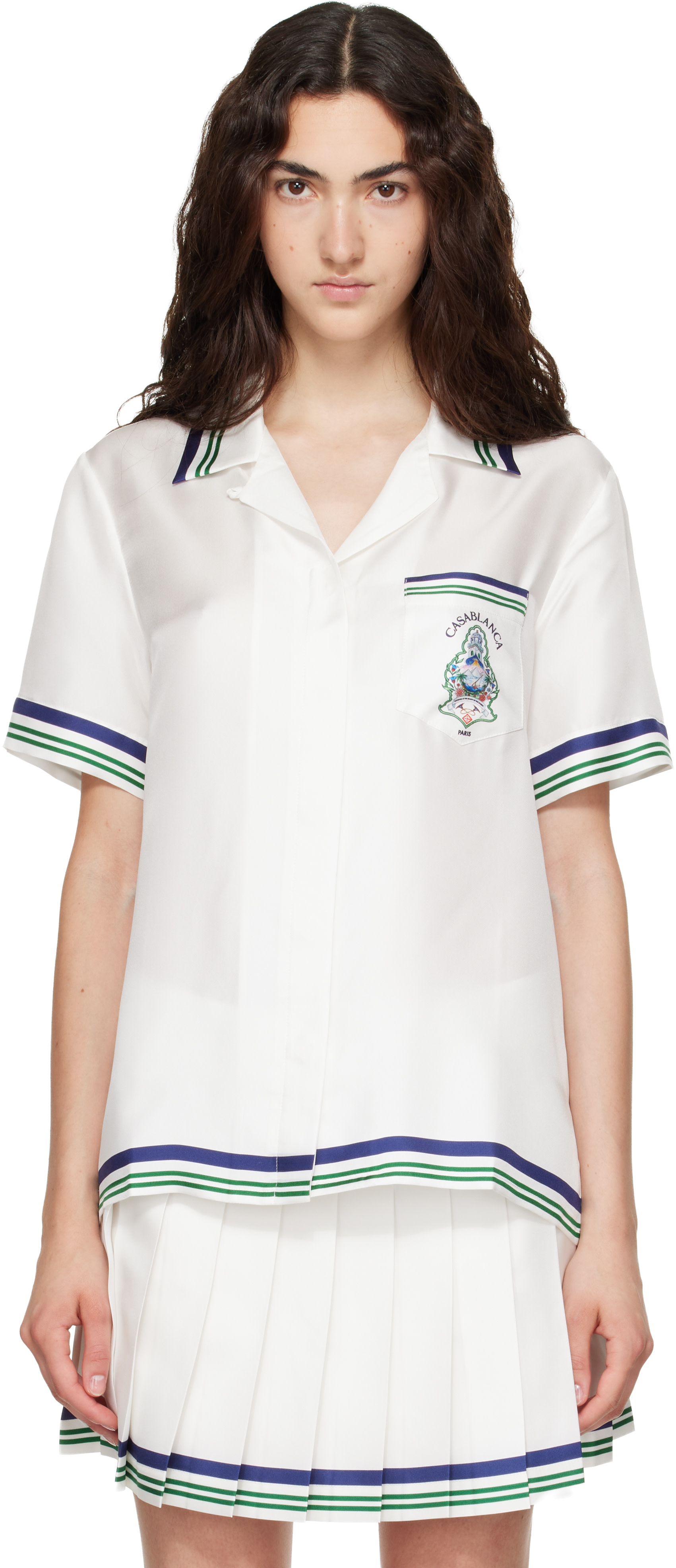 Casablanca: White Hotel Emblem Short Sleeve Silk Shirt | SSENSE Canada