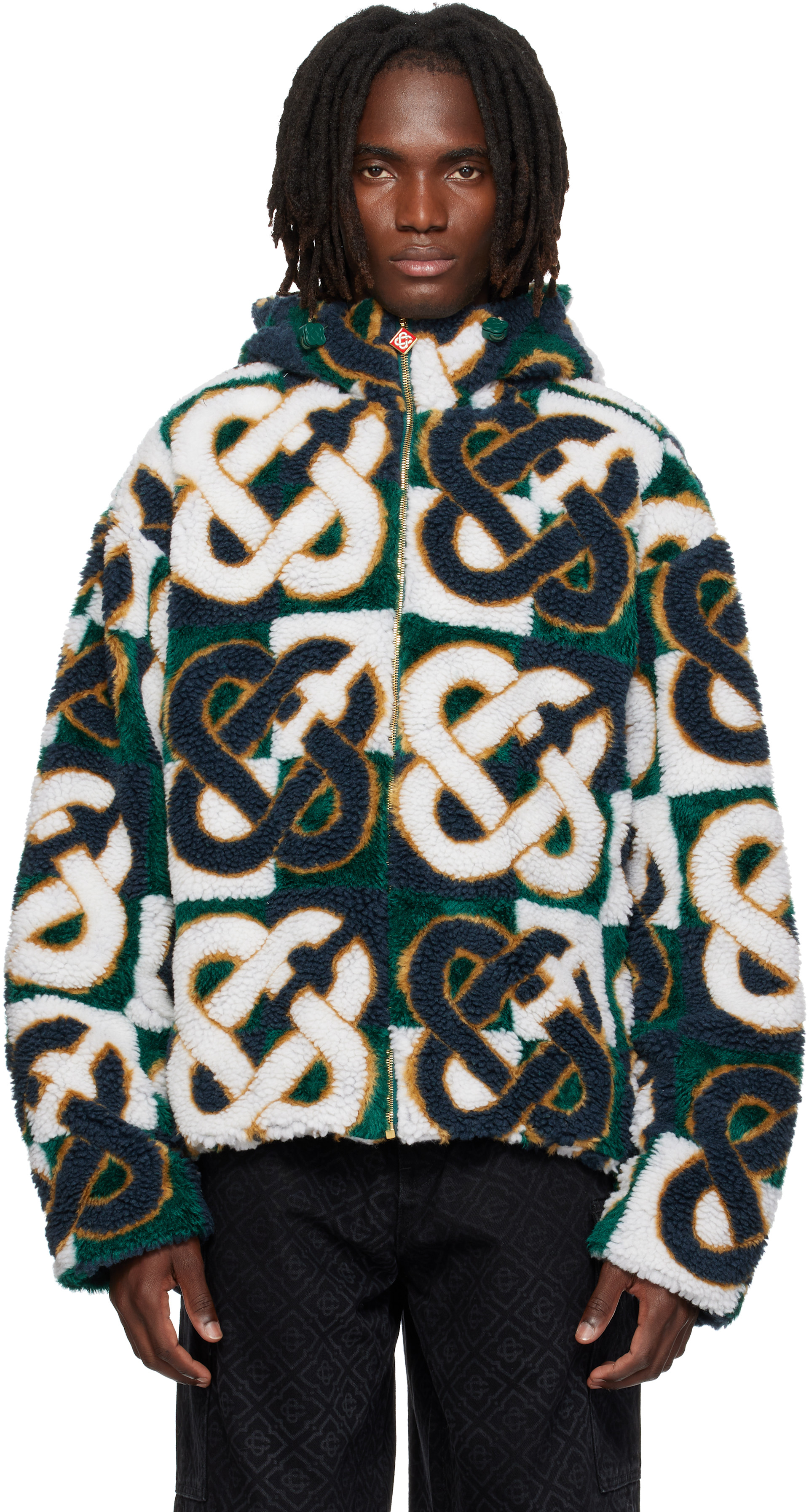 Casablanca: White & Green Check Monogram Fleece Jacket | SSENSE