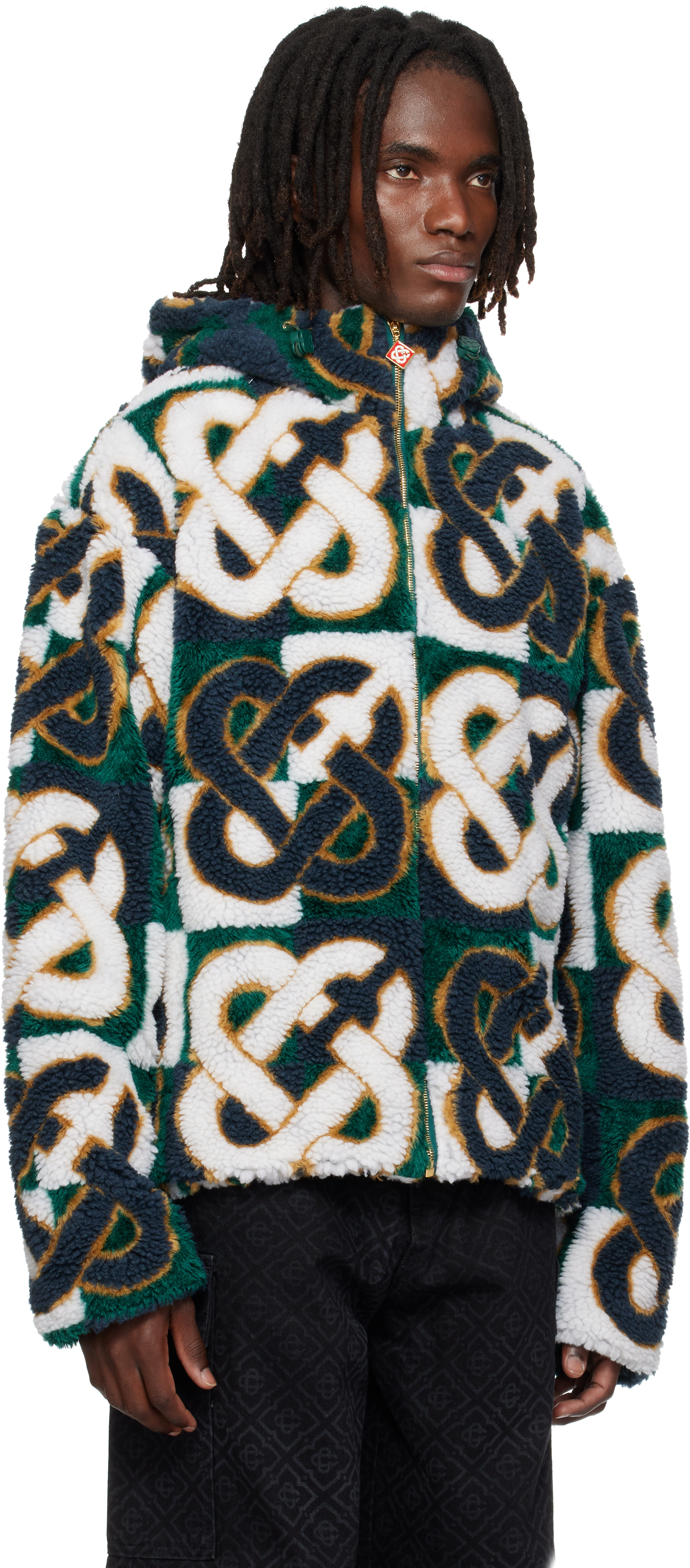 Casablanca: White & Green Check Monogram Fleece Jacket | SSENSE