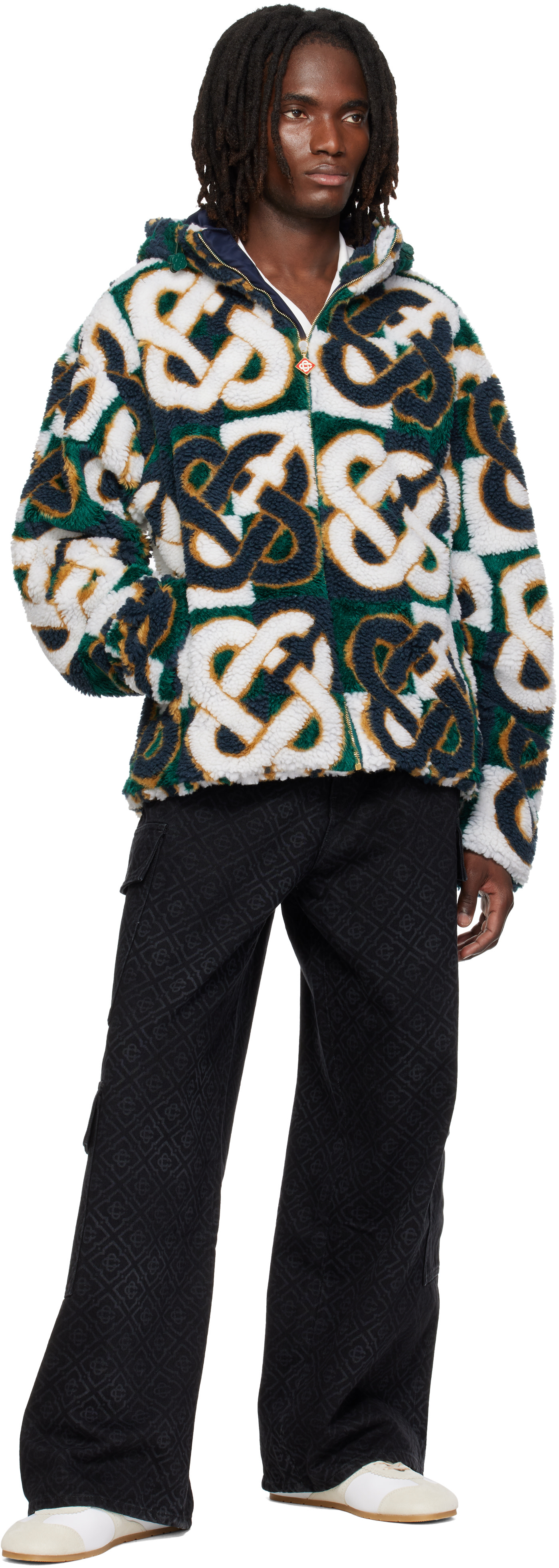 Casablanca: White & Green Check Monogram Fleece Jacket | SSENSE