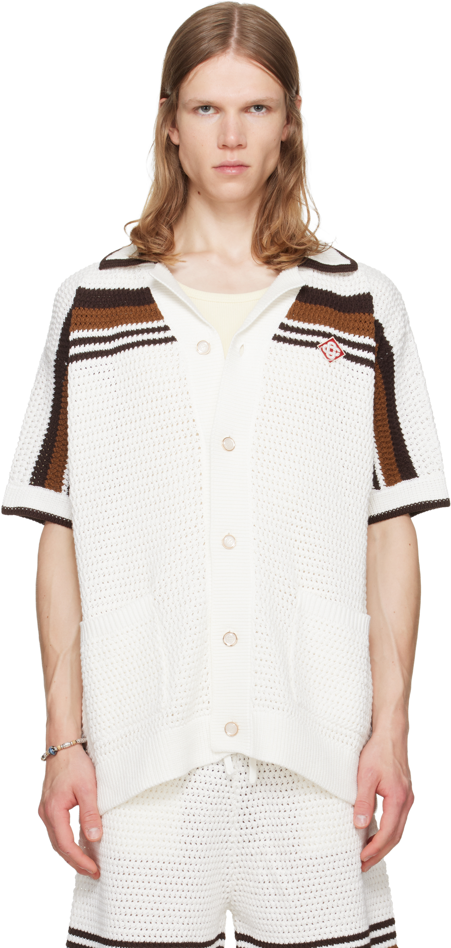 Casablanca: ホワイト Tennis Stripe Crochet 半袖シャツ | SSENSE 日本