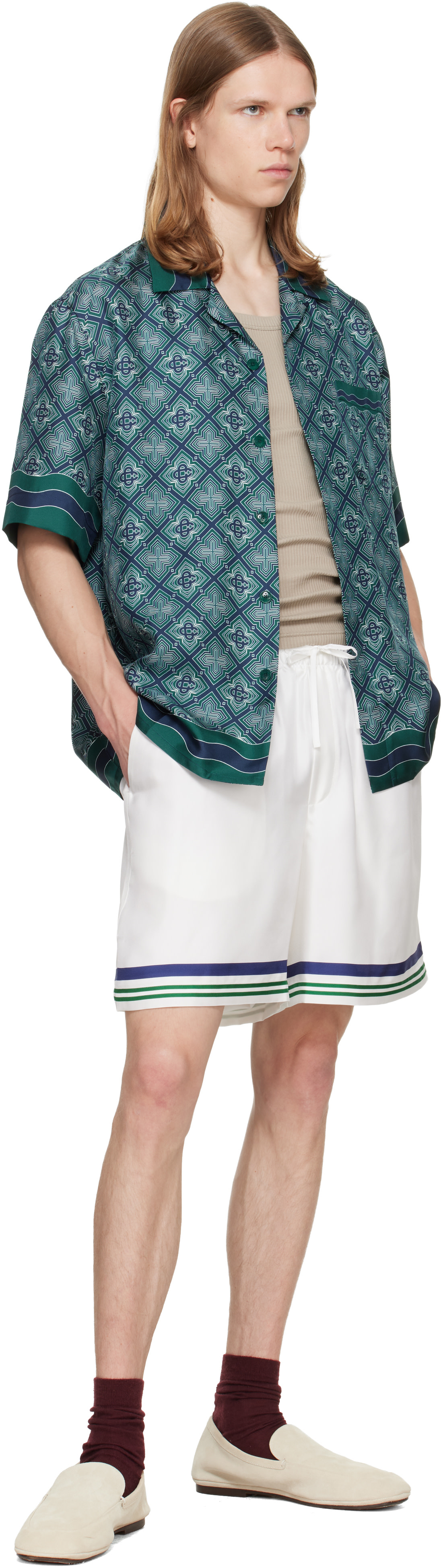 Casablanca: グリーン Radiating Monogram 半袖 シルク シャツ