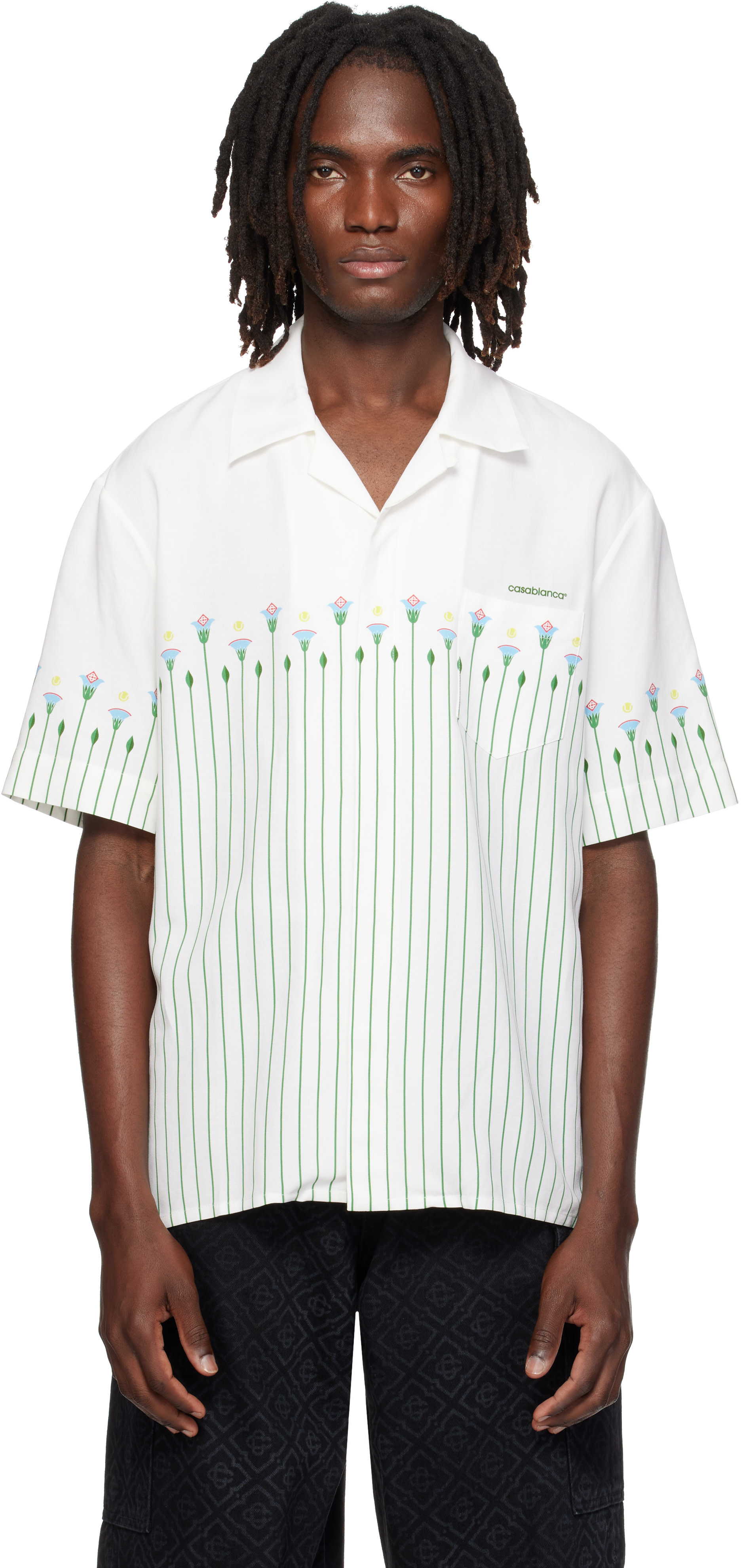 Casablanca: White Linen Floral Stripe Sporty Short Sleeve Shirt