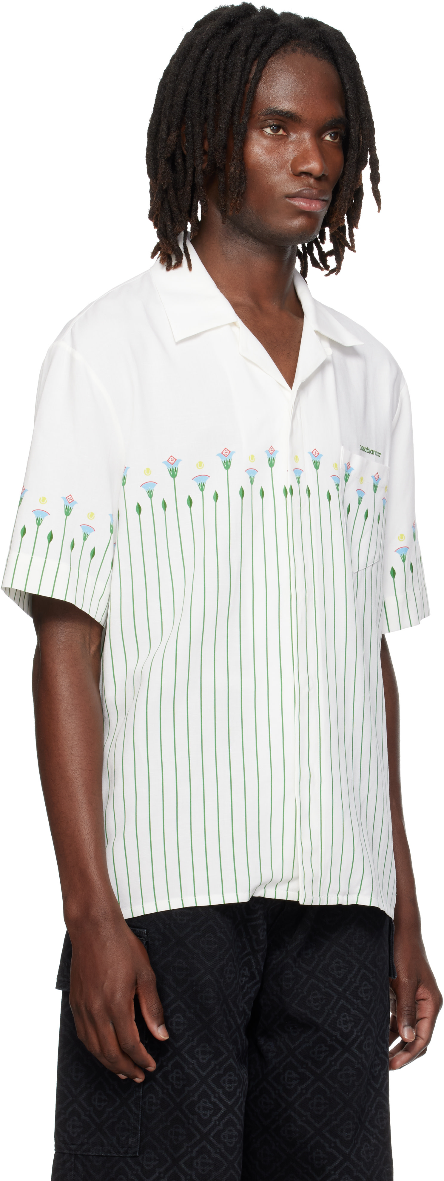 新品 Casablanca Jolie Shirt M コットン リネン 半袖 Casablanca: ホワイト リネン フローラルストライプ スポーティ 半袖