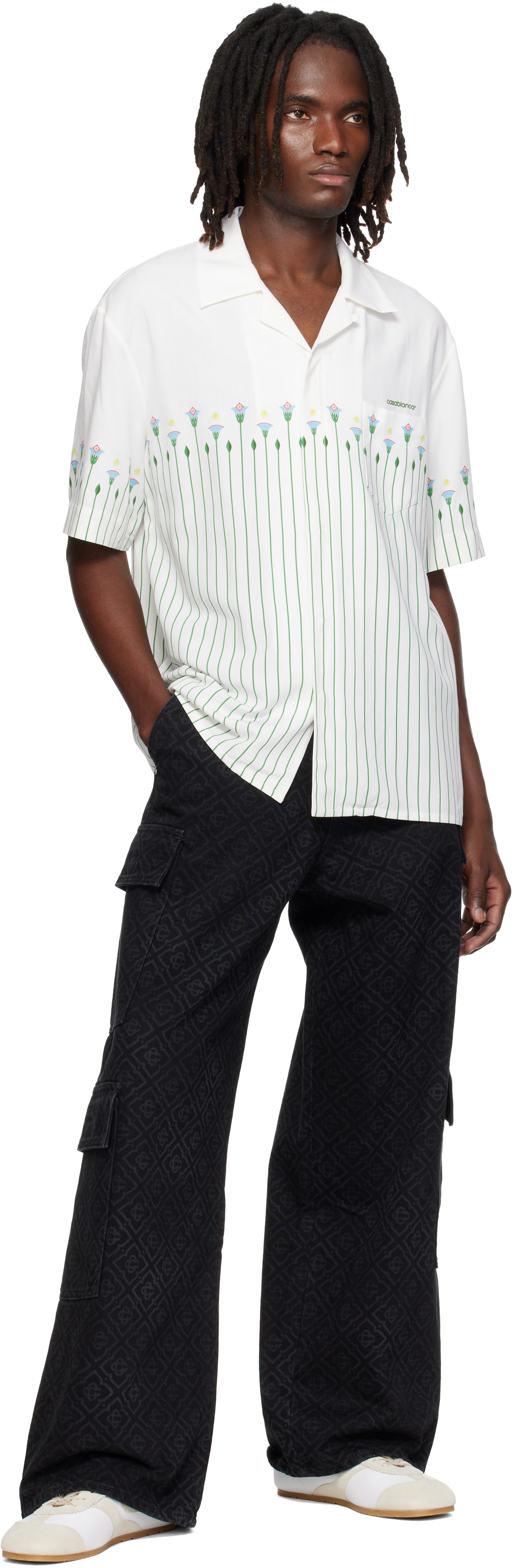 新品 Casablanca Jolie Shirt M コットン リネン 半袖 Casablanca: ホワイト リネン フローラルストライプ スポーティ 半袖