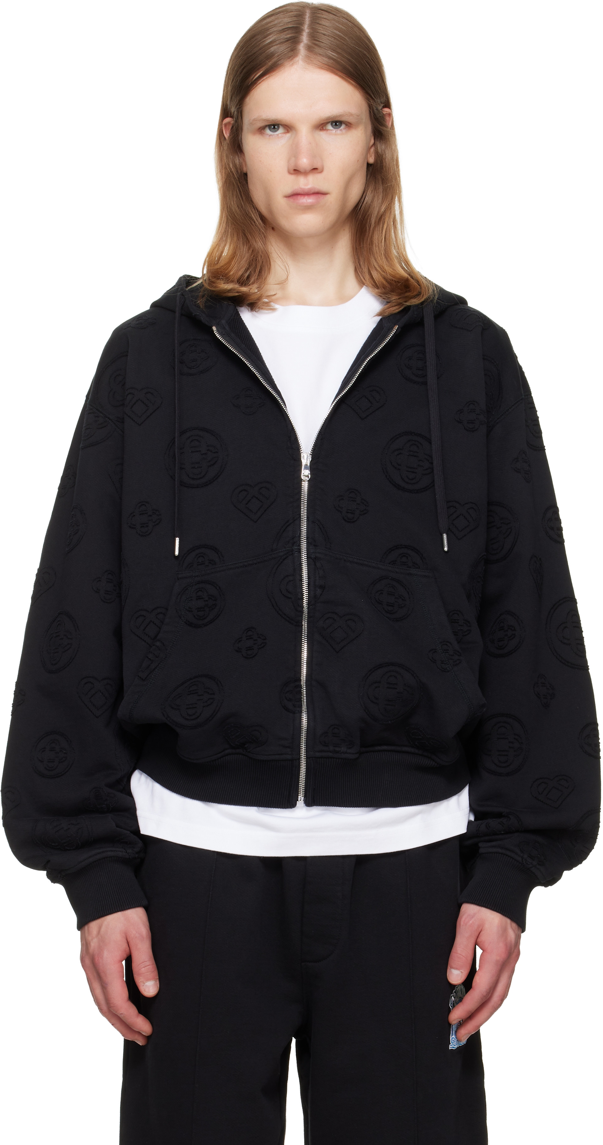 Casablanca - Pull à capuche noir à monogrammes et à glissière