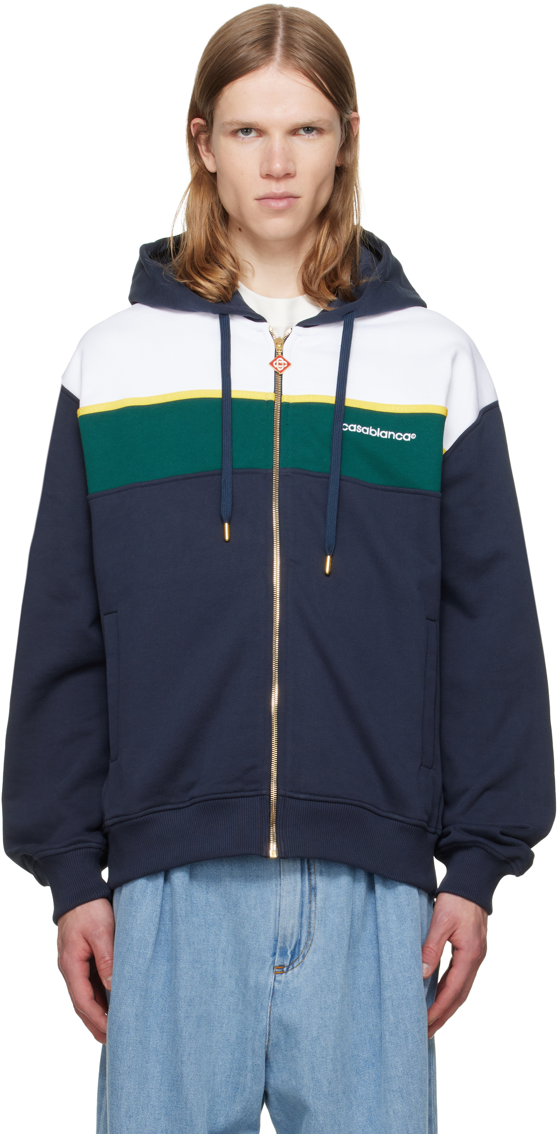 ‪*q様 andwang patina rib hoodie navy Casablanca: Navy Panelled Zip Up Hoodie | SSENSE