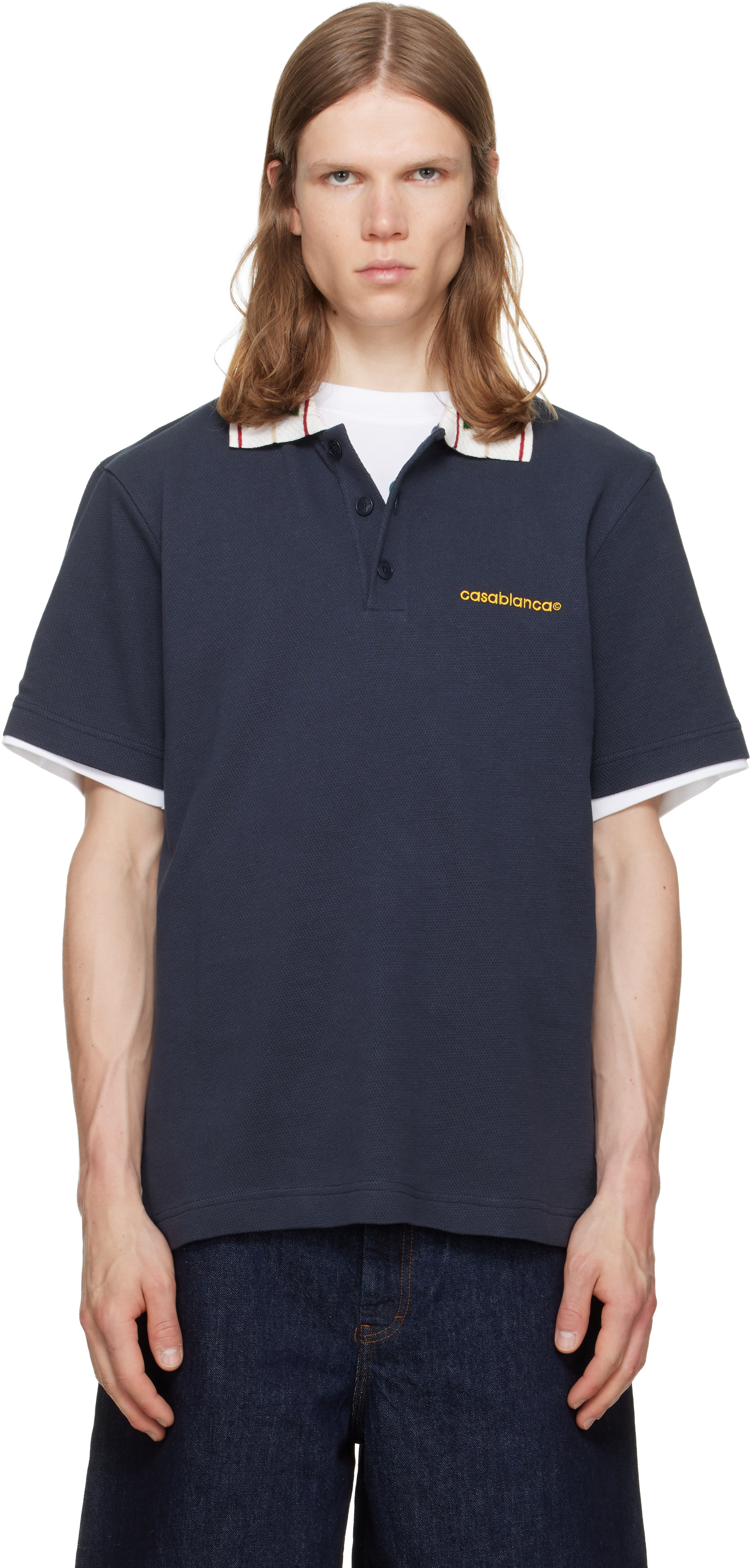 Casablanca: Navy Laurel Pique Short Sleeve Polo | SSENSE