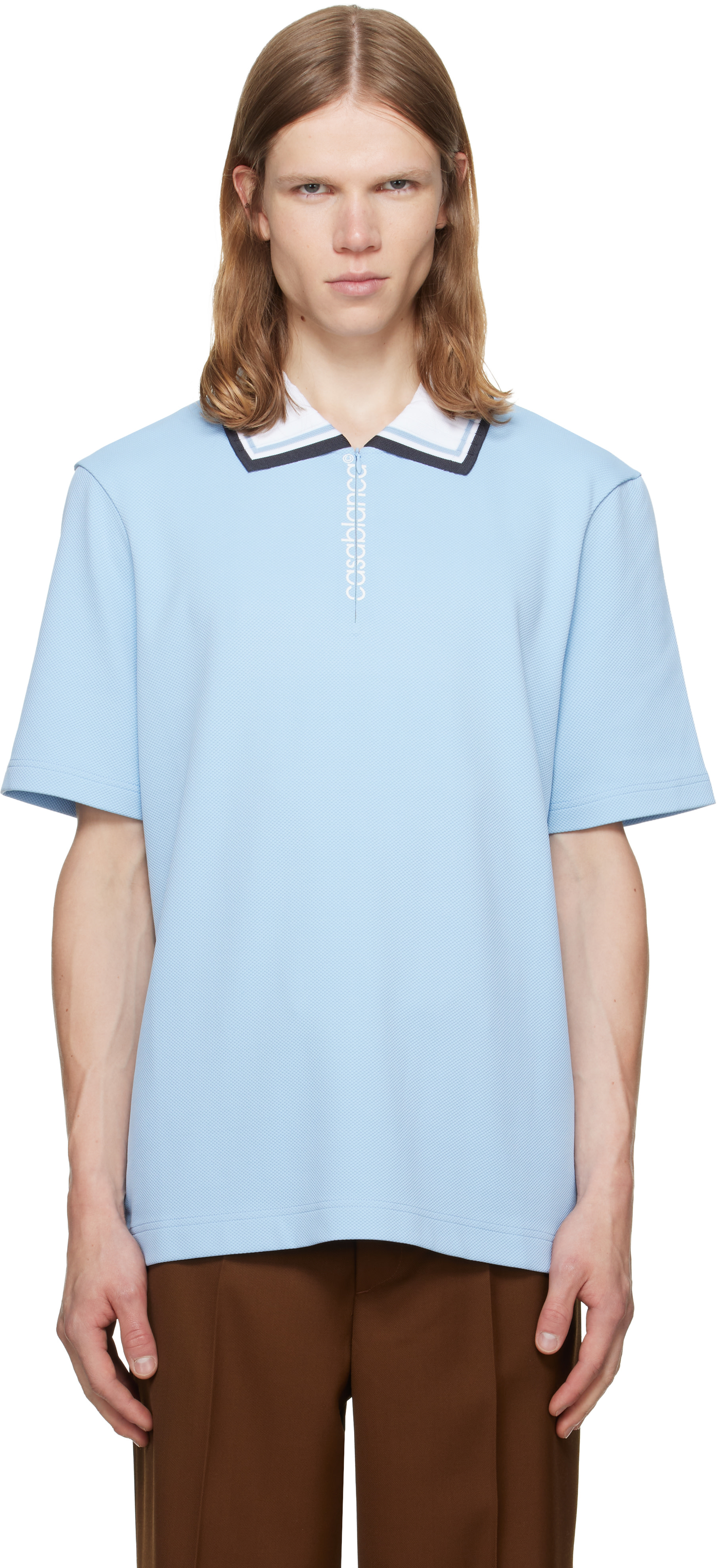 Casablanca: Blue Round Pique Zip Polo | SSENSE