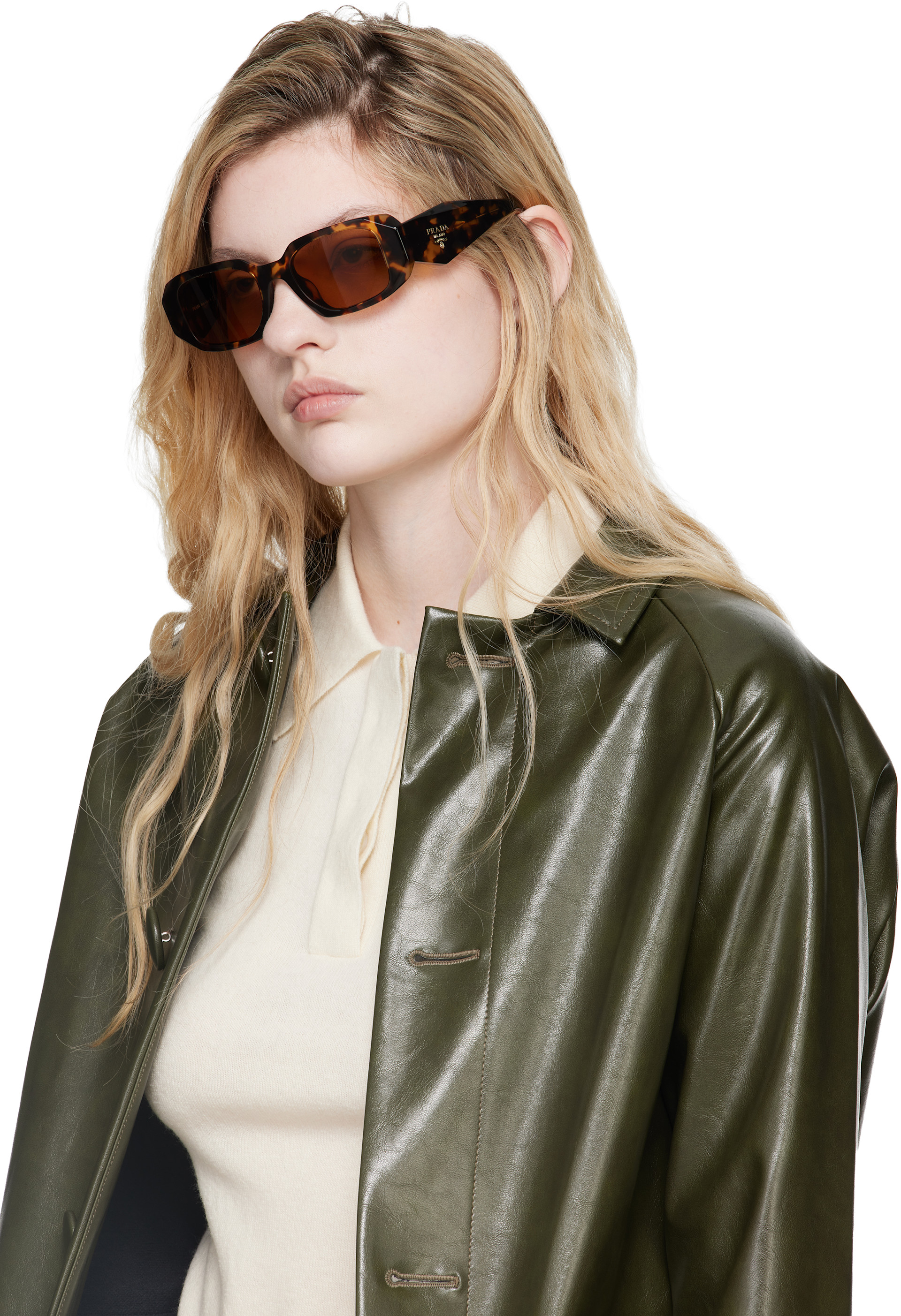 Prada Eyewear - 브라운 라운드 렉탱글 아세테이트 선글라스