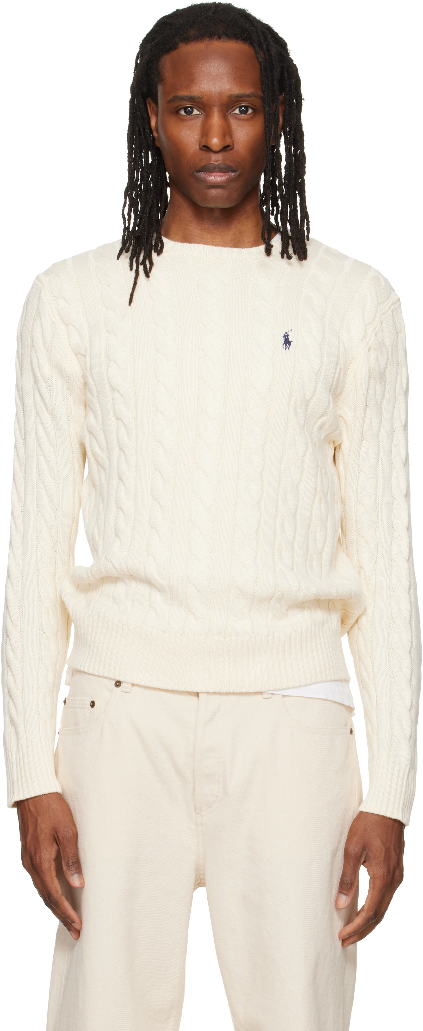 Polo Ralph Lauren: オフホワイト ケーブルニット コットン セーター