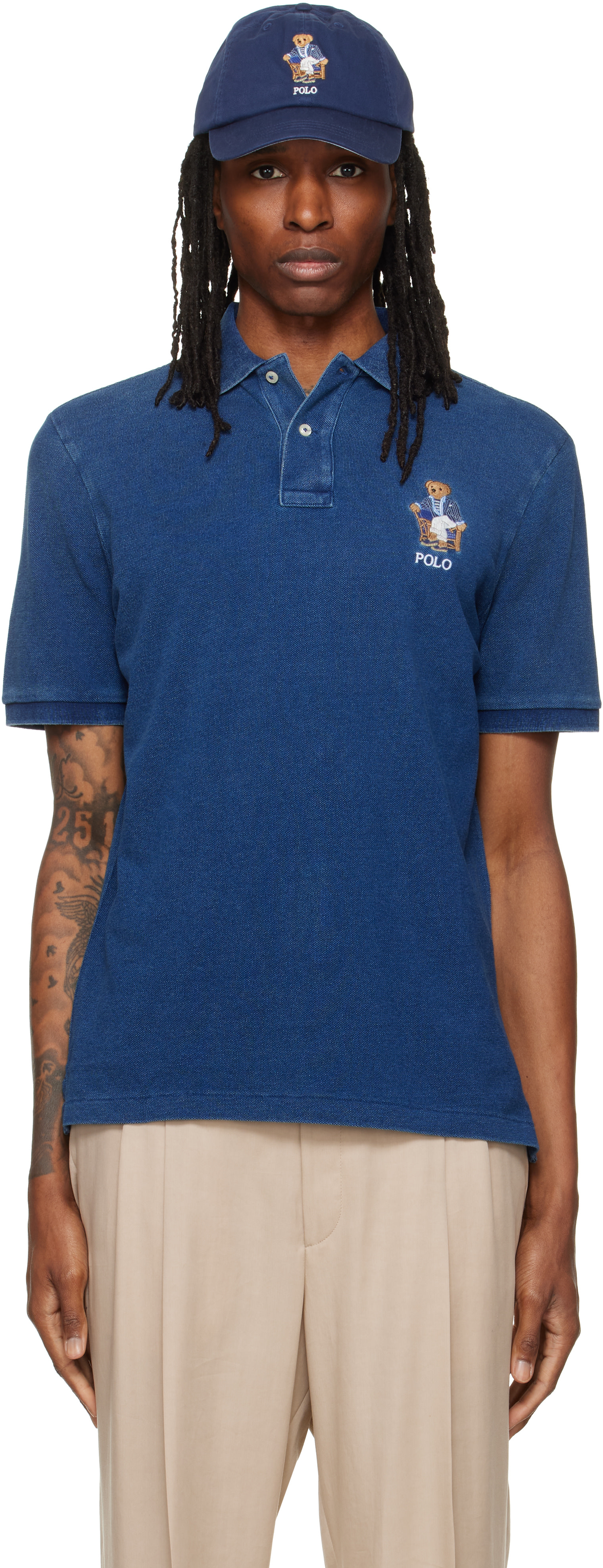 POLO RALPH LAUREN 麻100% リラックスフィット ネイビー M Polo Ralph Lauren: Indigo Classic Fit Polo Bear Mesh Polo | SSENSE