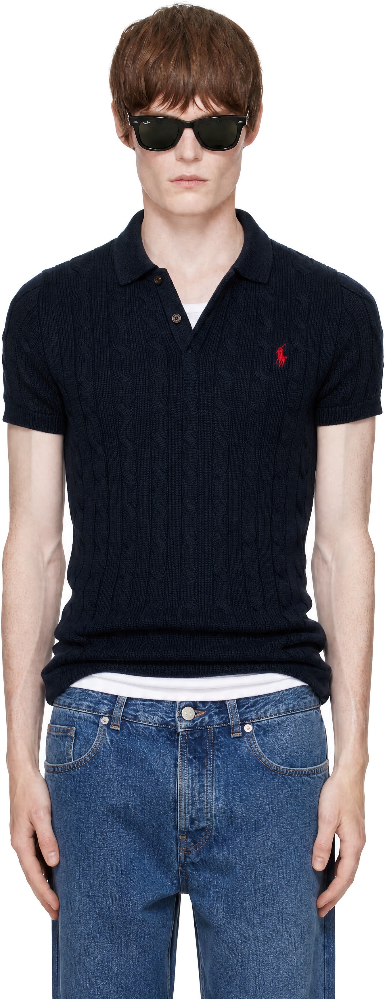 Polo Ralph Lauren: Navy Cable-Knit Cotton Polo | SSENSE