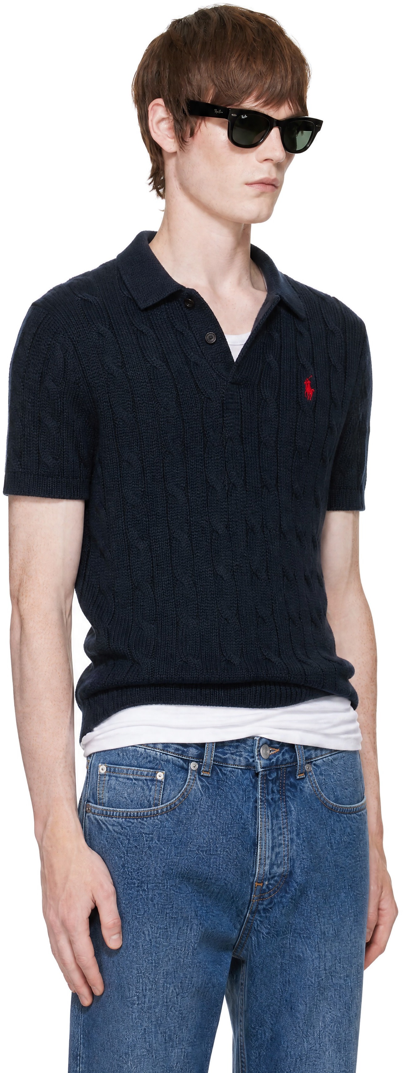 Polo Ralph Lauren: Navy Cable-Knit Cotton Polo | SSENSE
