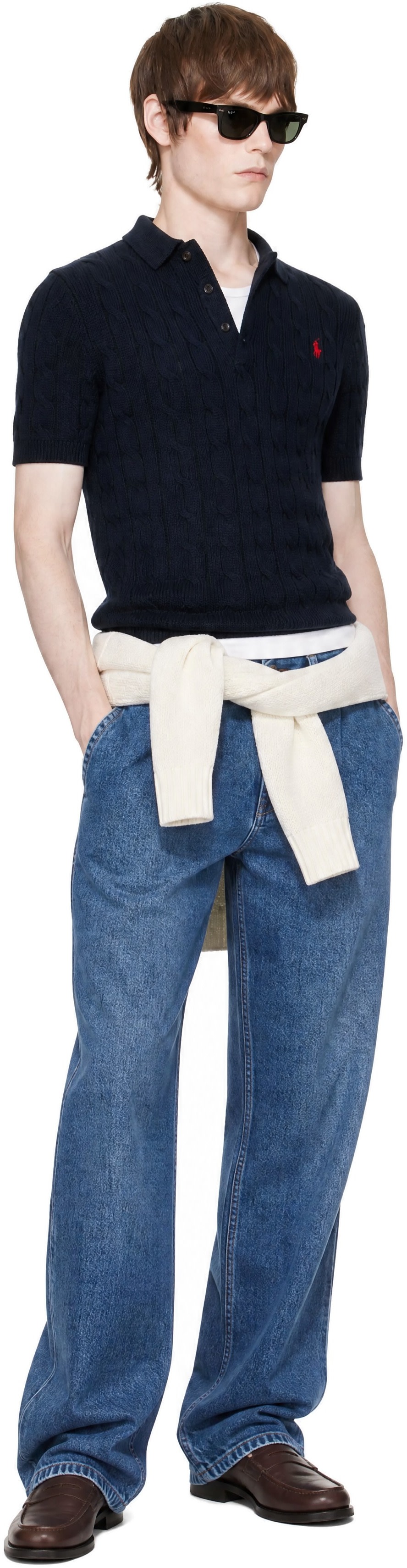 Polo Ralph Lauren: Navy Cable-Knit Cotton Polo | SSENSE