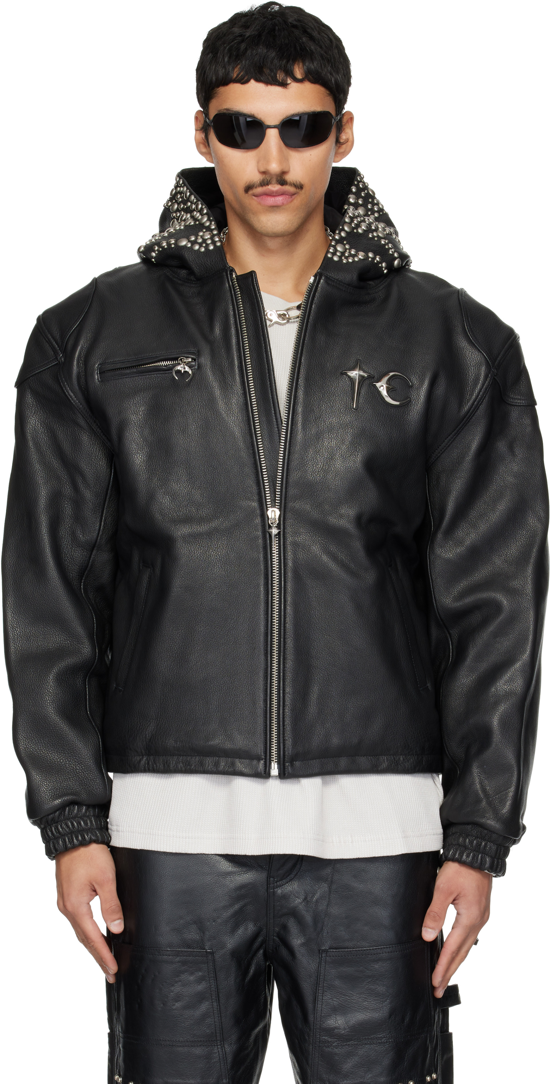 thug出品 Thug Club: ブラック TC Hothead Three Riding Skull レザージャケット