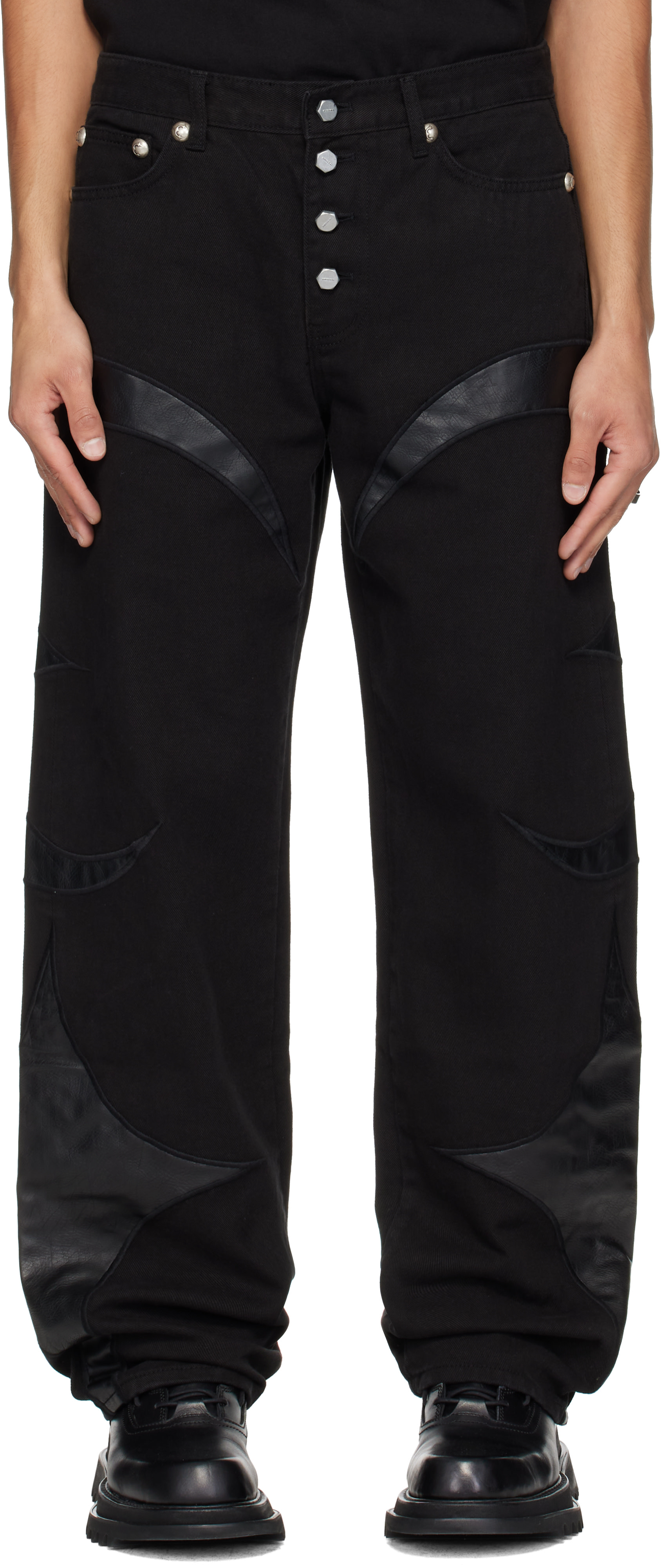 Thug Club: ブラック TC Washing フェイクレザー デニム ジーンズ Thug Club: ブラック TC Washing フェイクレザー デニム ジーンズ