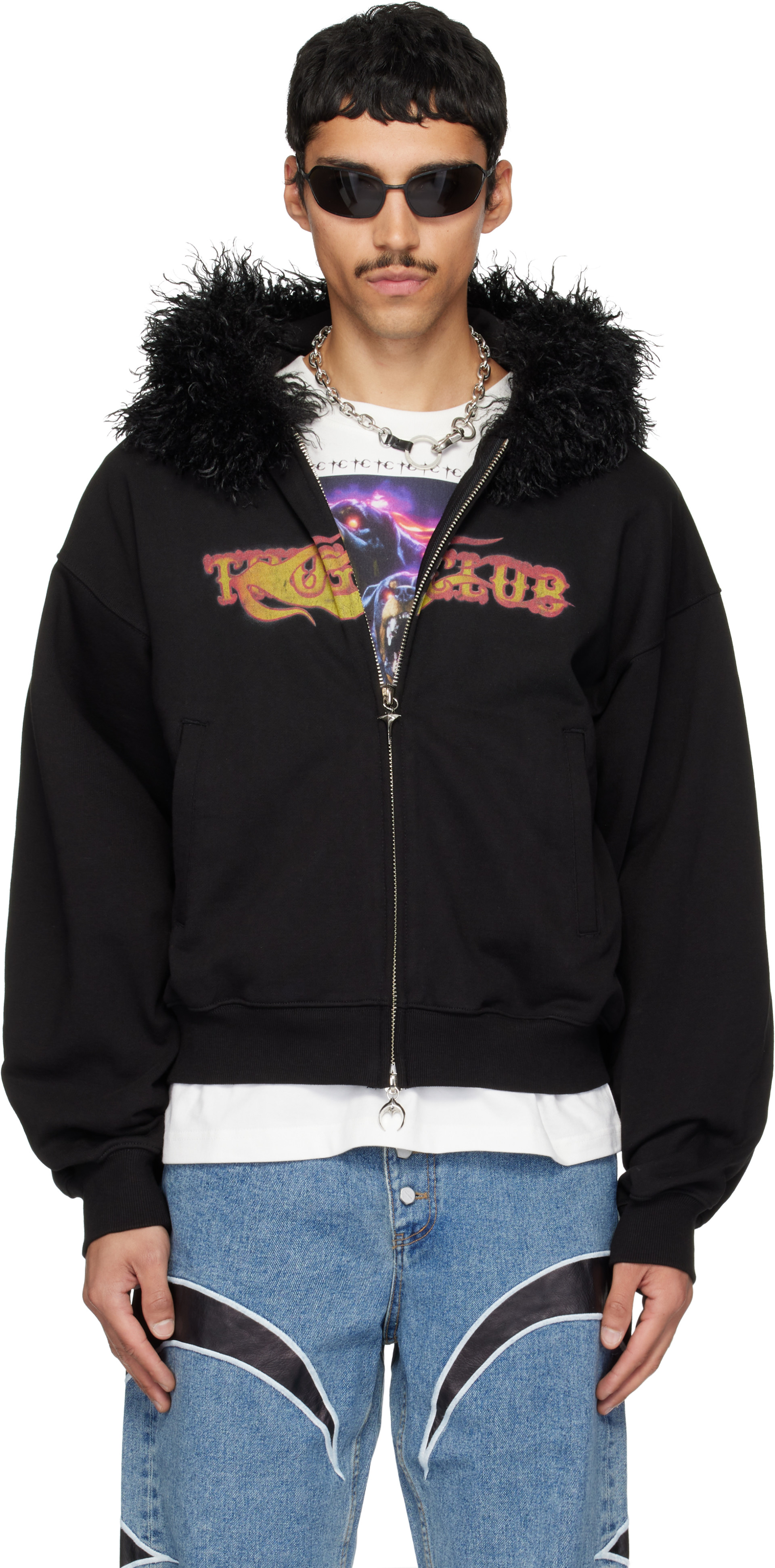 Thug Club: Black TC Two Face Fur Zip-Up Hoodie | SSENSE