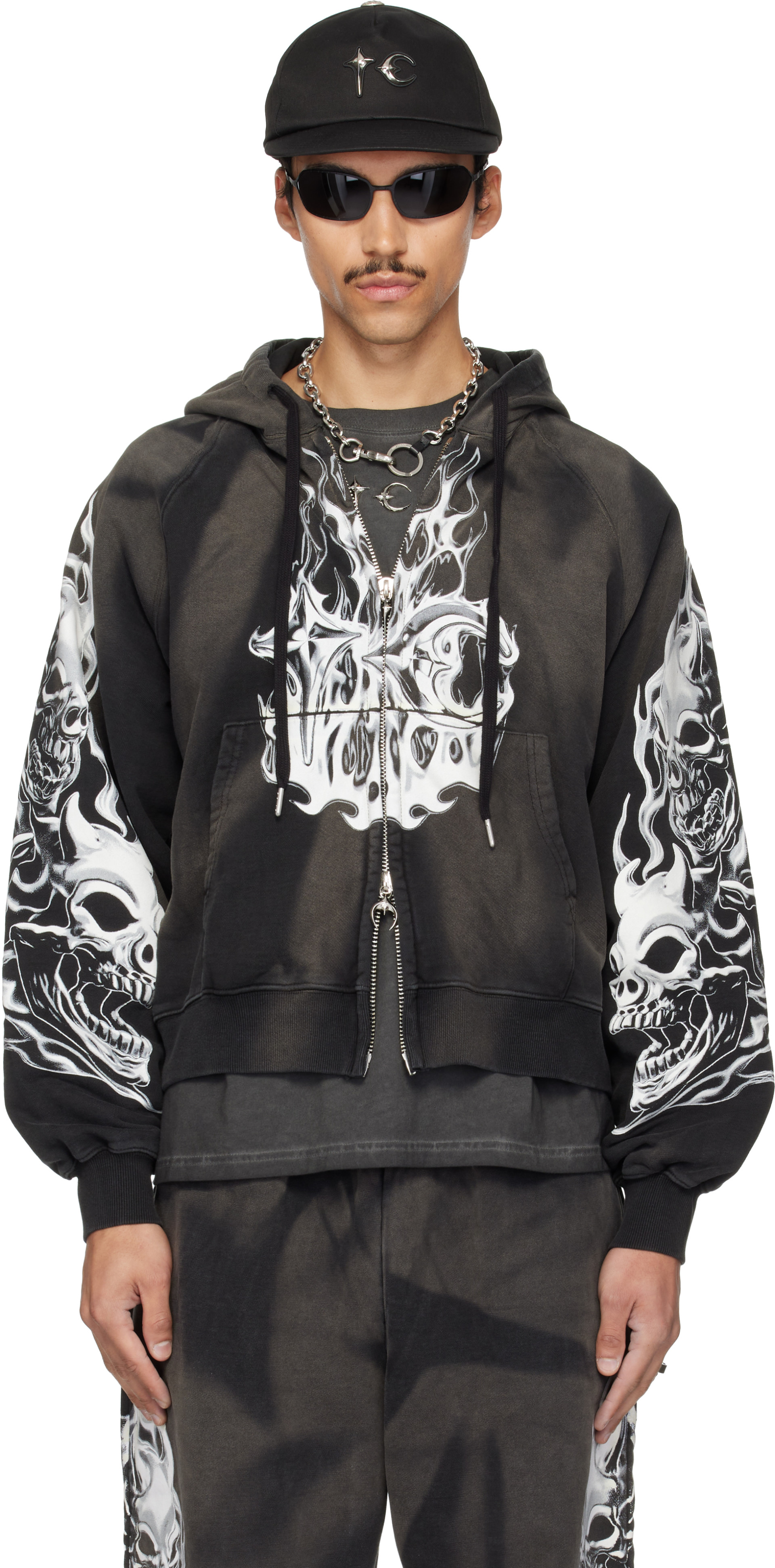 Thug Club サイズ1 Thug Club: Black Six Riding Skull Zip-Up Hoodie | SSENSE
