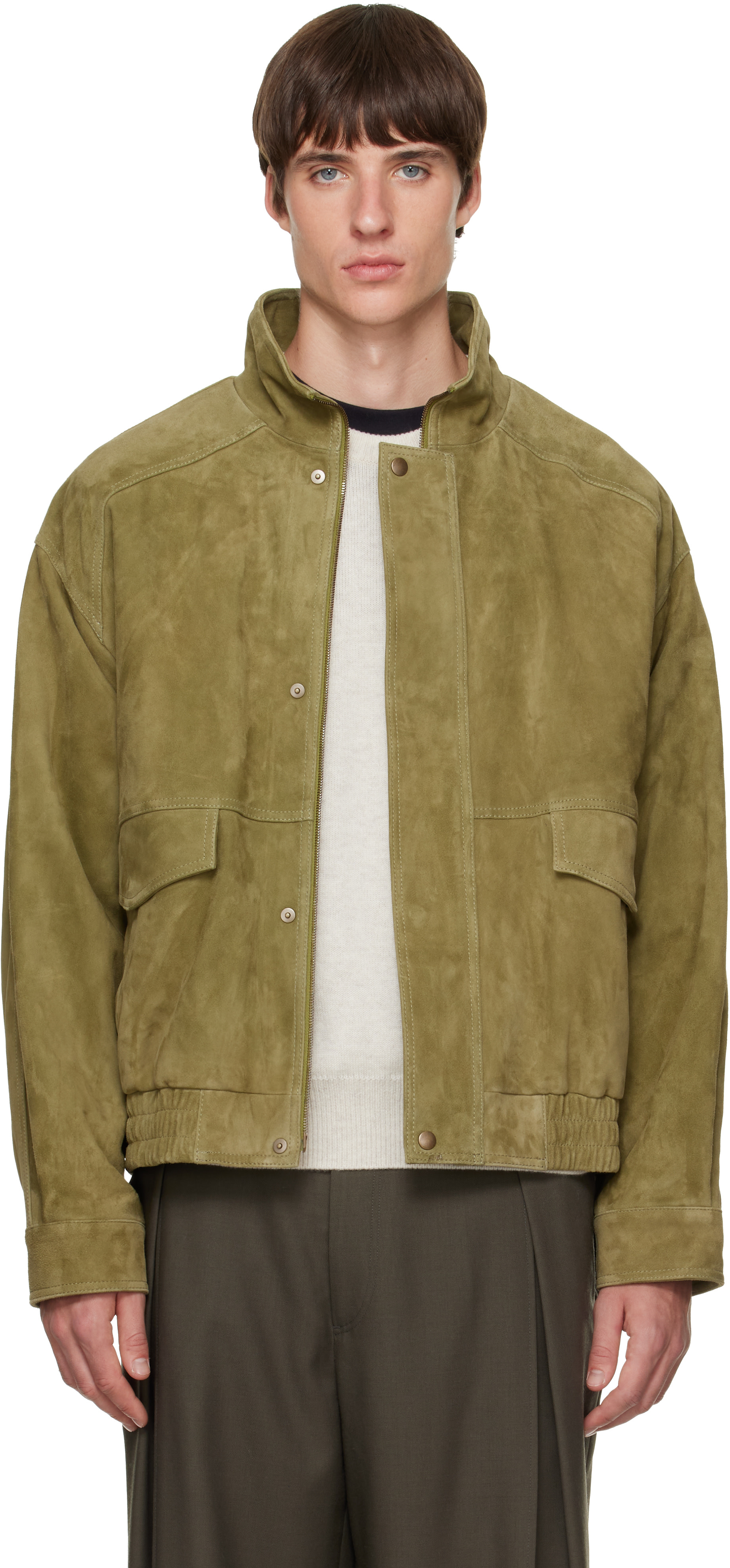 Solid Homme - Green Band-Neck Suede Jacket