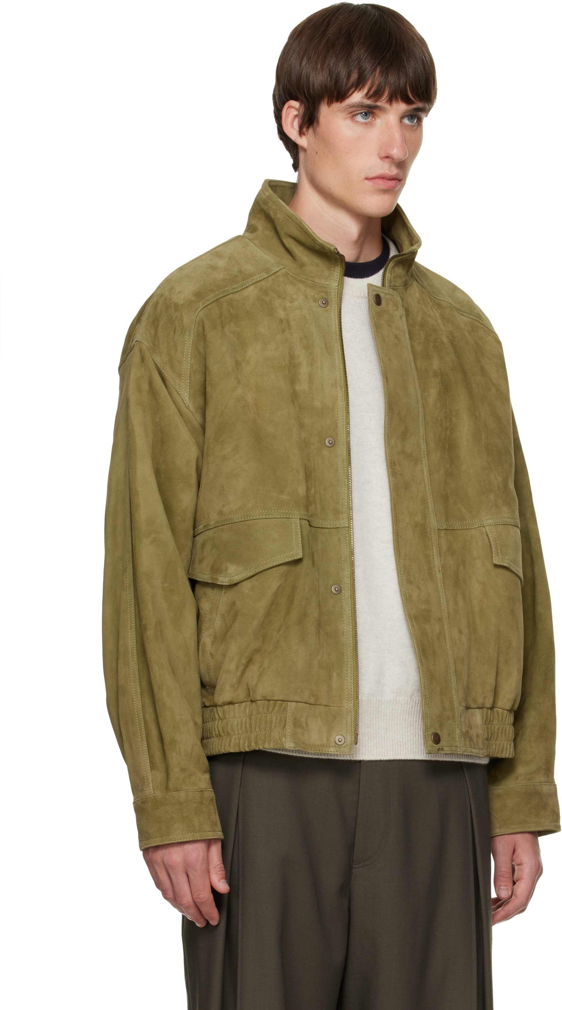 Solid Homme - Green Band-Neck Suede Jacket