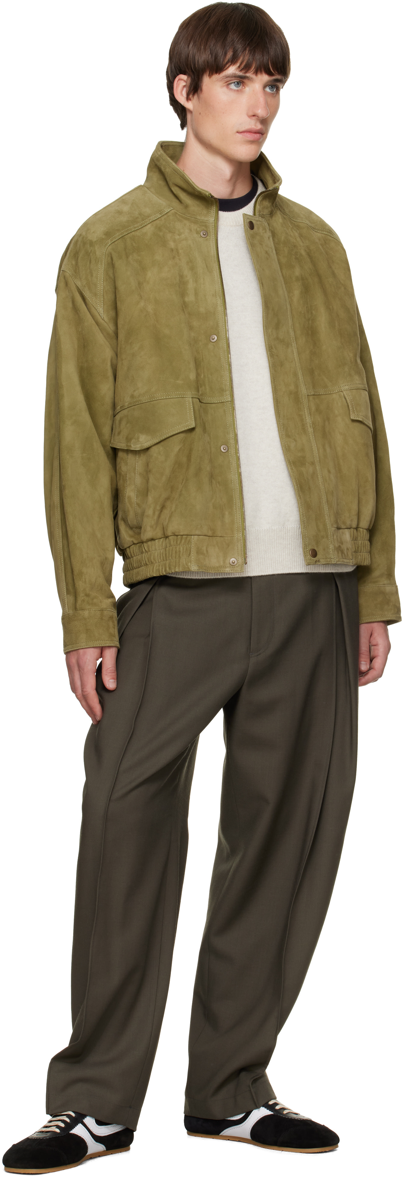 Solid Homme - Green Band-Neck Suede Jacket