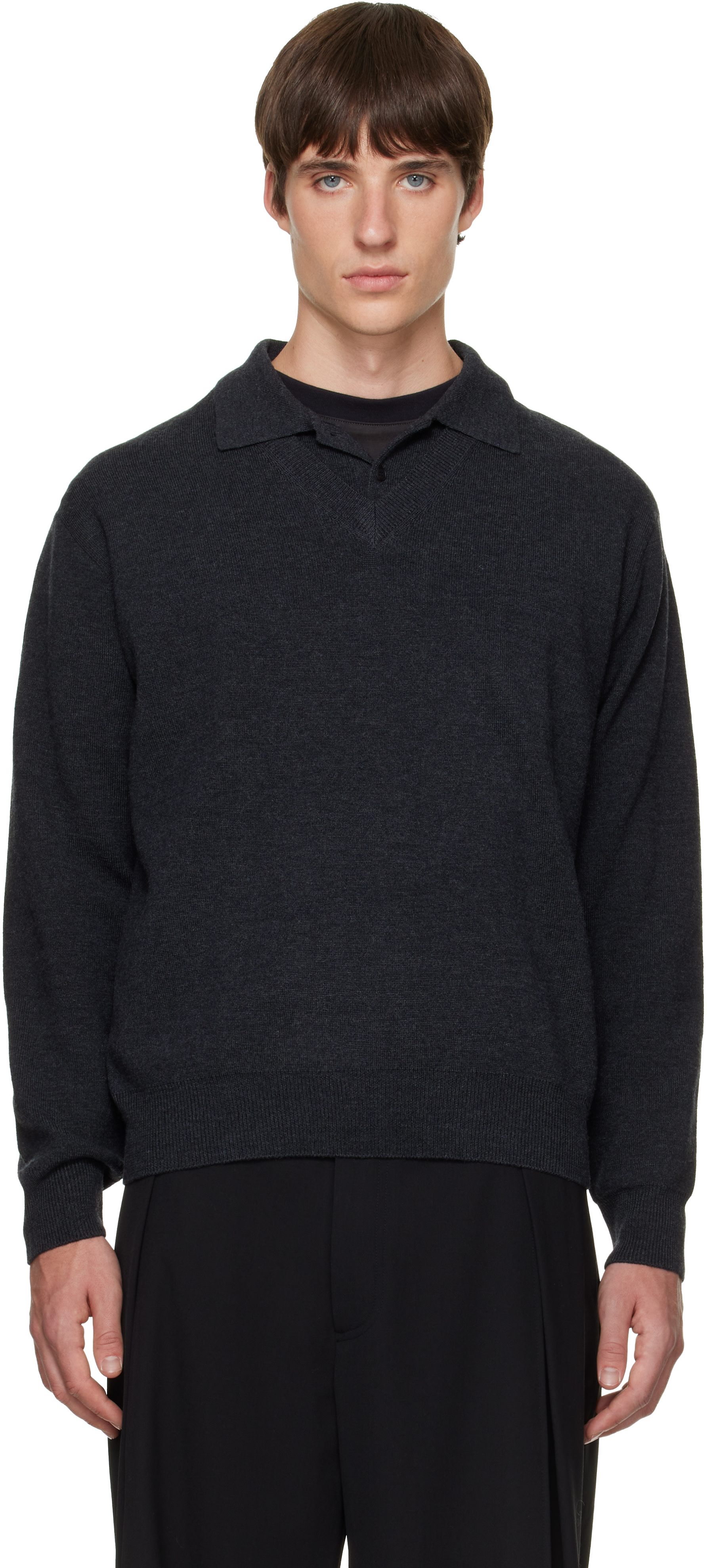 Solid Homme - Gray Spread Collar Wool Polo