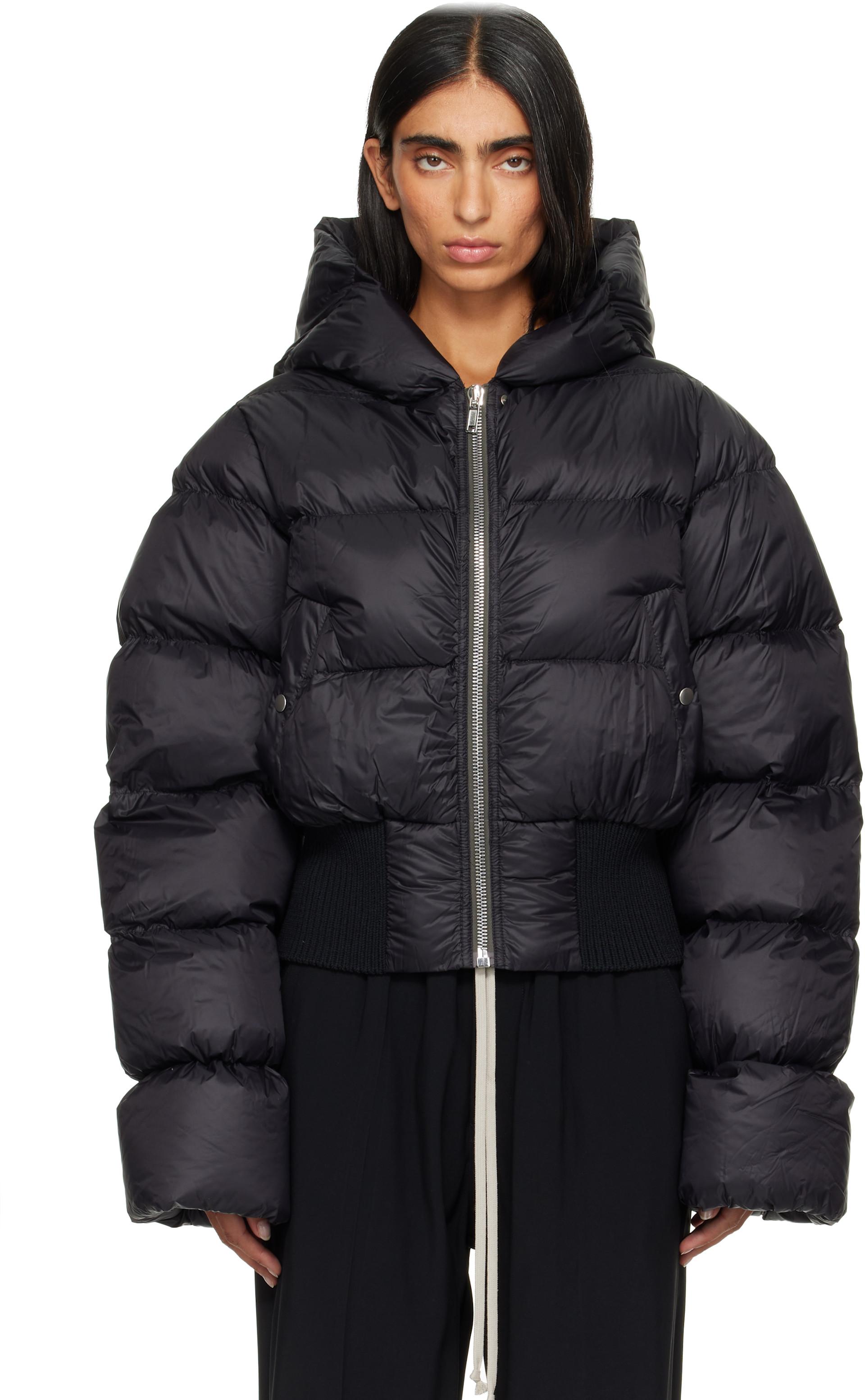 Rick Owens: Black Tower Cinched Hooded Down Jacket | SSENSE