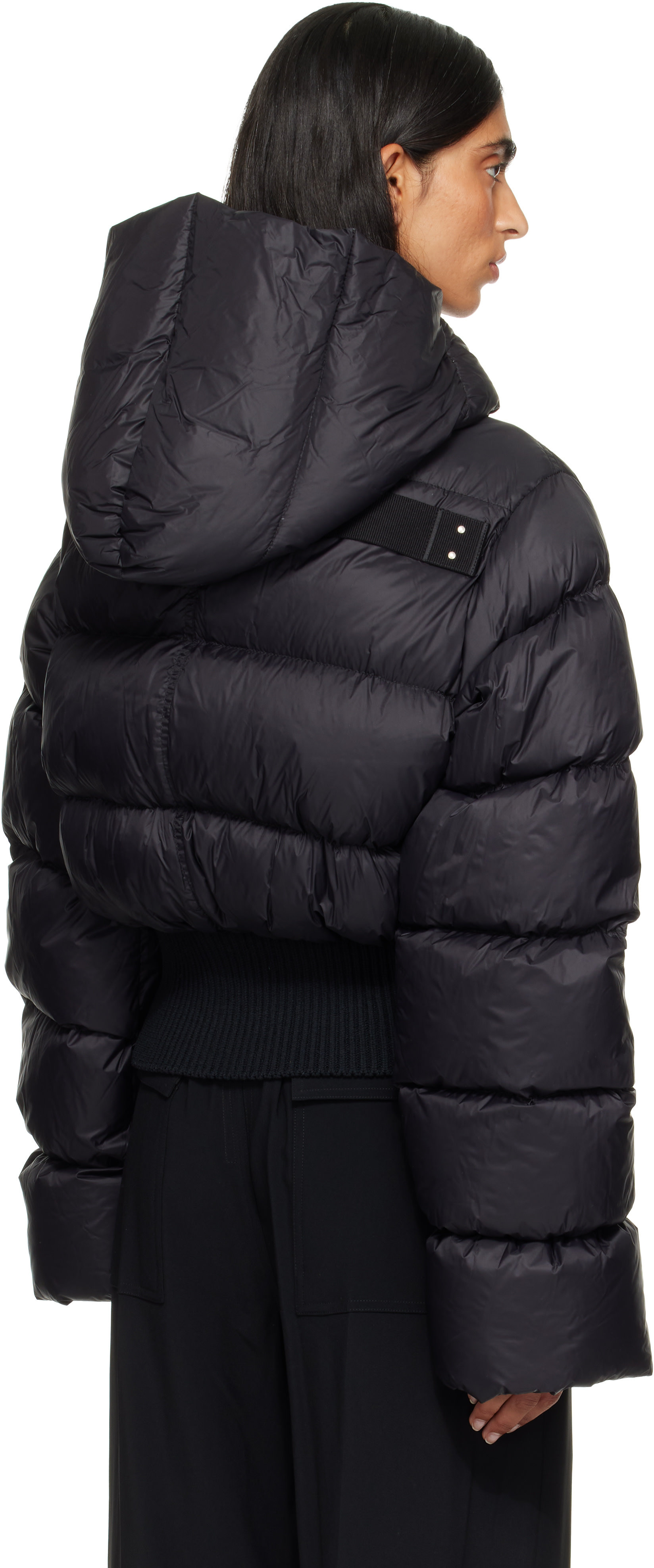 Rick Owens: Black Tower Cinched Hooded Down Jacket | SSENSE