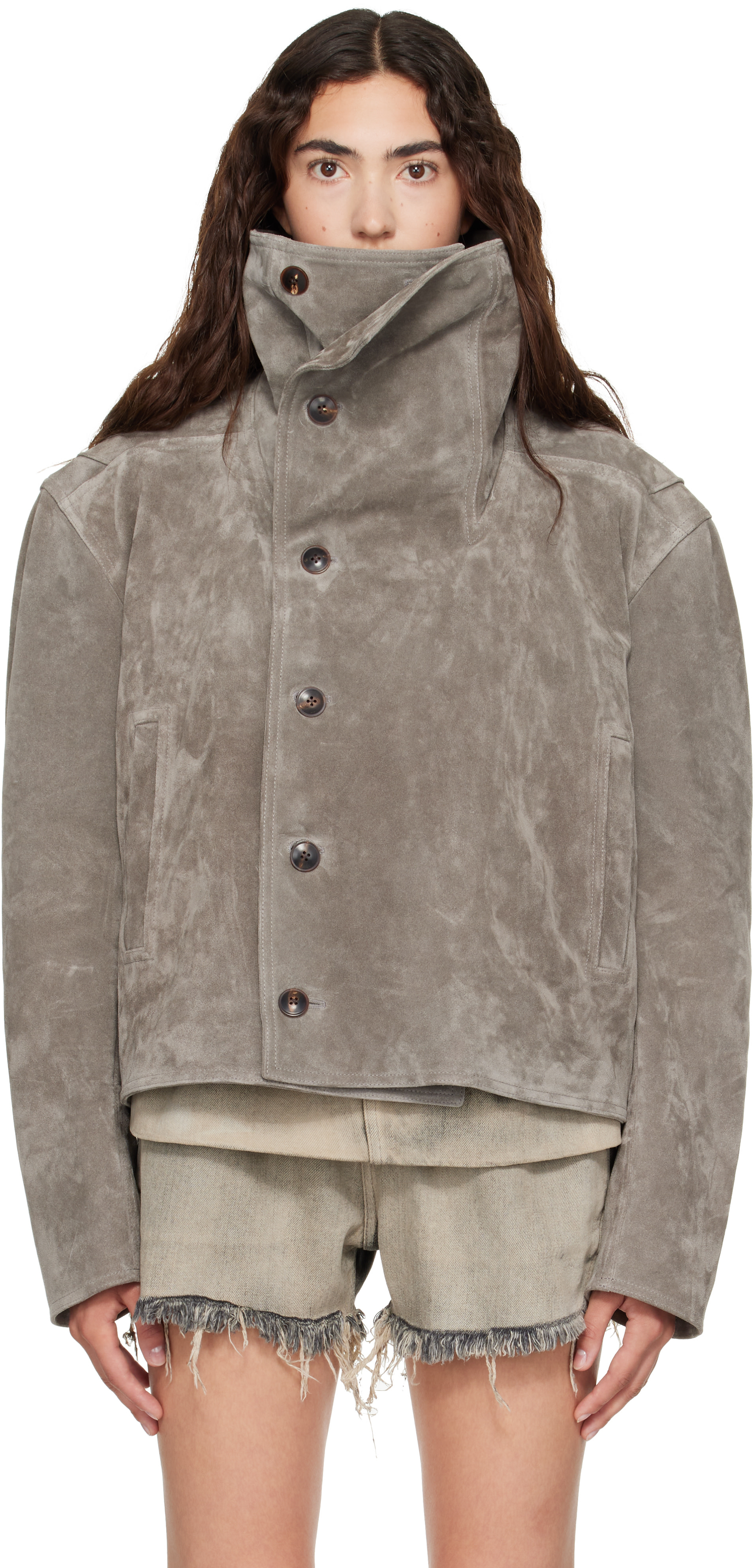 Rick Owens グレー LEATHER BIKER JACKET Rick Owens: Gray Tower Biker Jumbo Stooges Leather Jacket | SSENSE