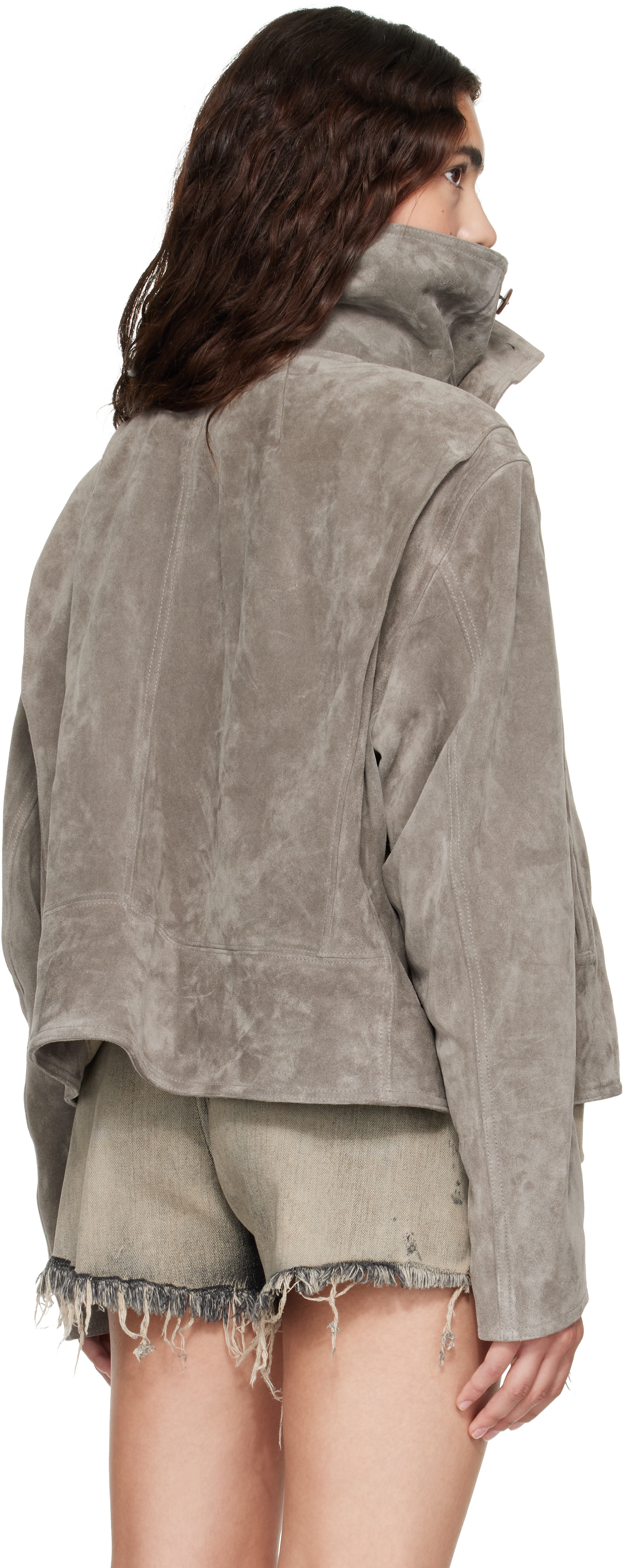 Rick Owens: Gray Tower Biker Jumbo Stooges Leather Jacket | SSENSE