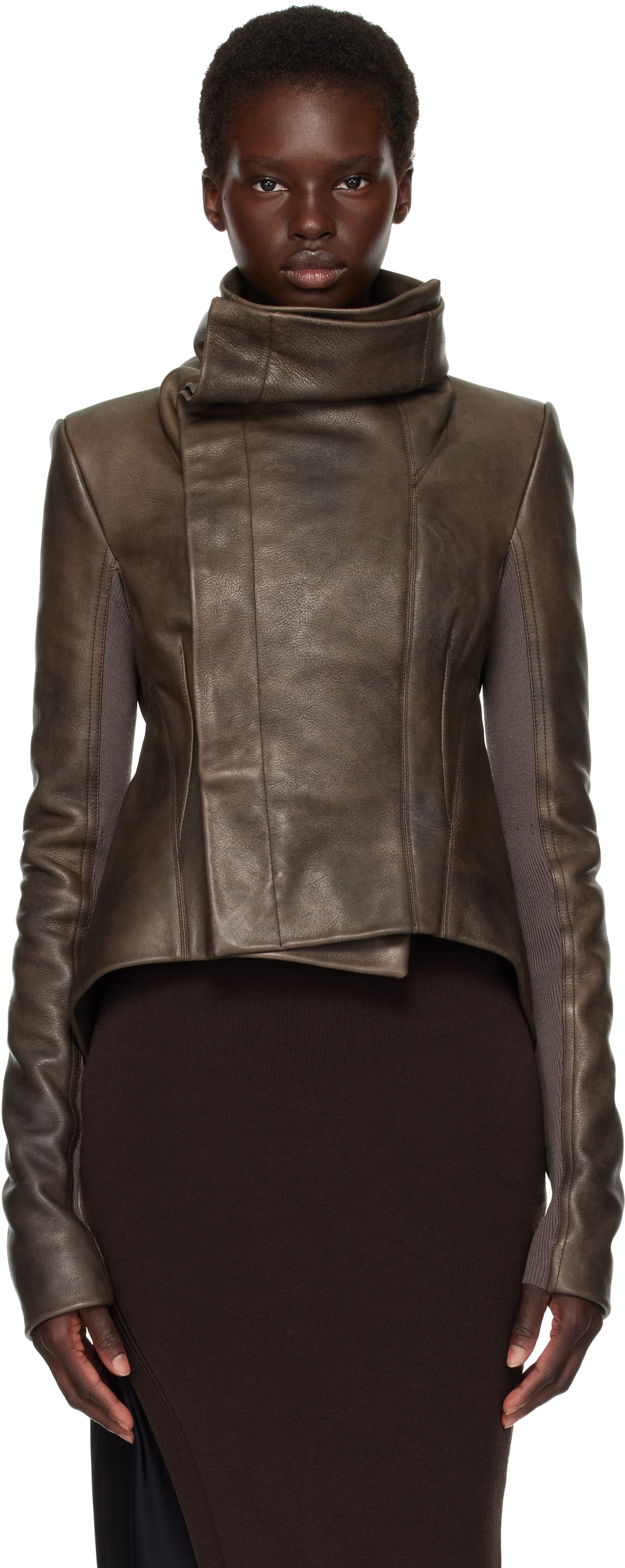 Rick Owens: Brown Tower Buttoned Naska Leather Jacket | SSENSE