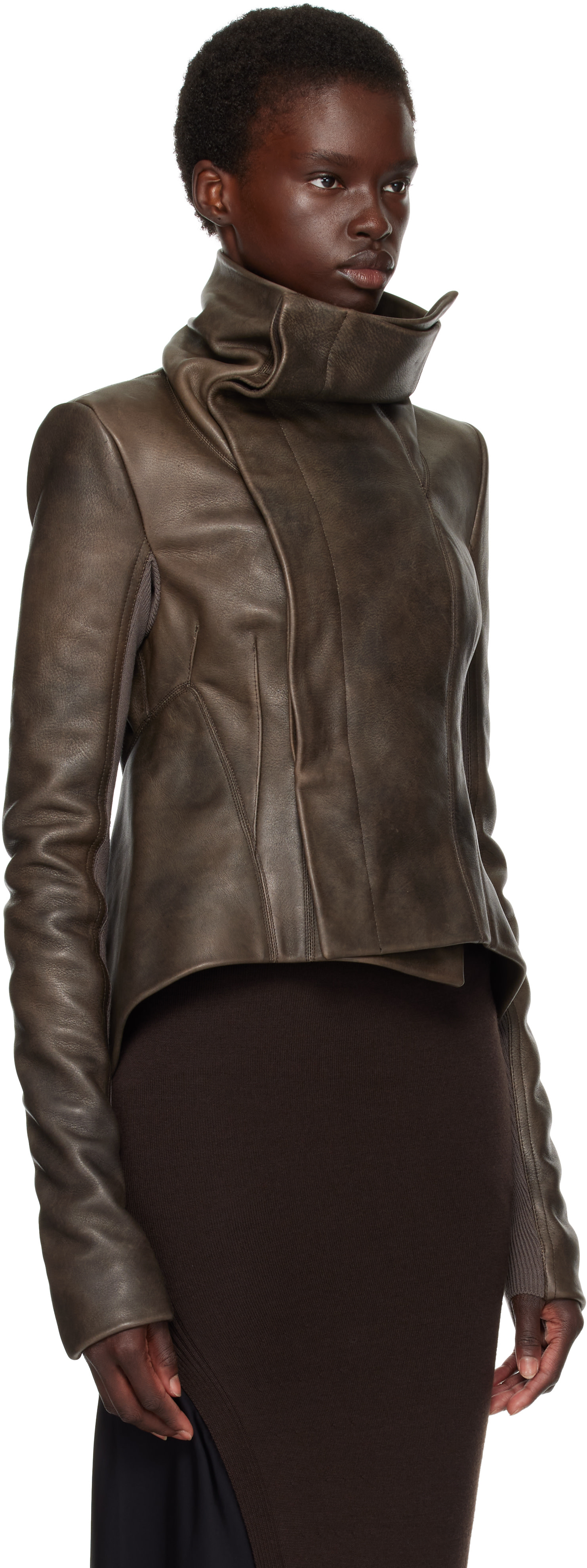 Rick Owens: ブラウン Tower Buttoned Naska レザージャケット