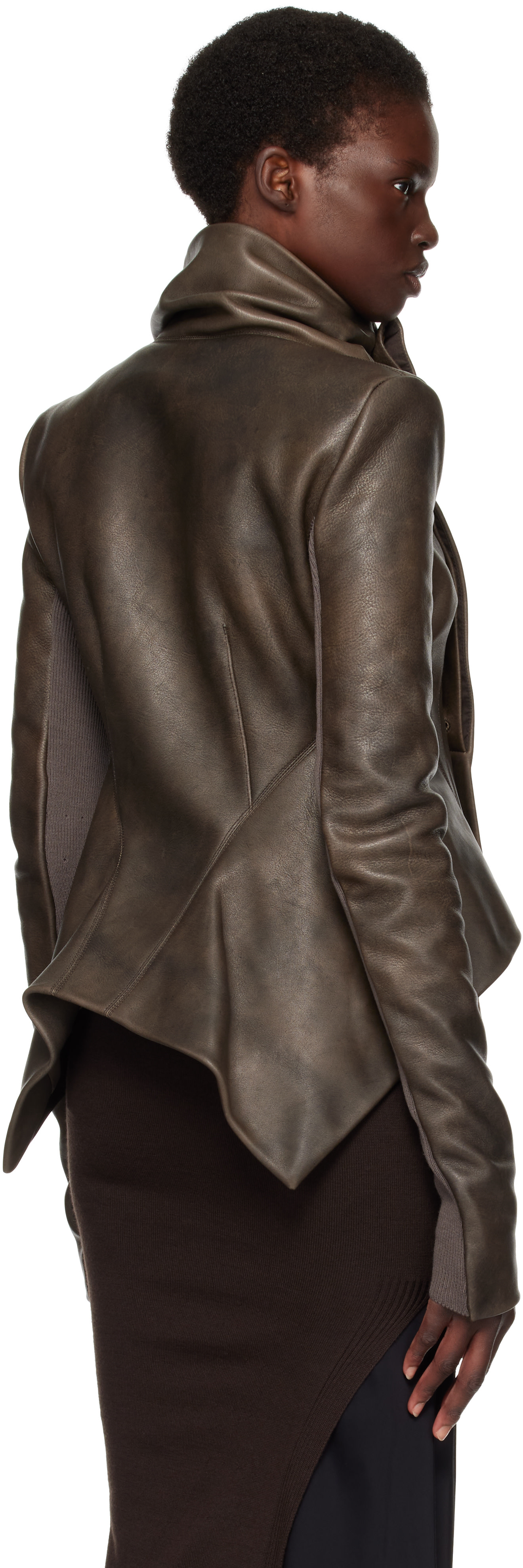 Rick Owens: Brown Tower Buttoned Naska Leather Jacket | SSENSE