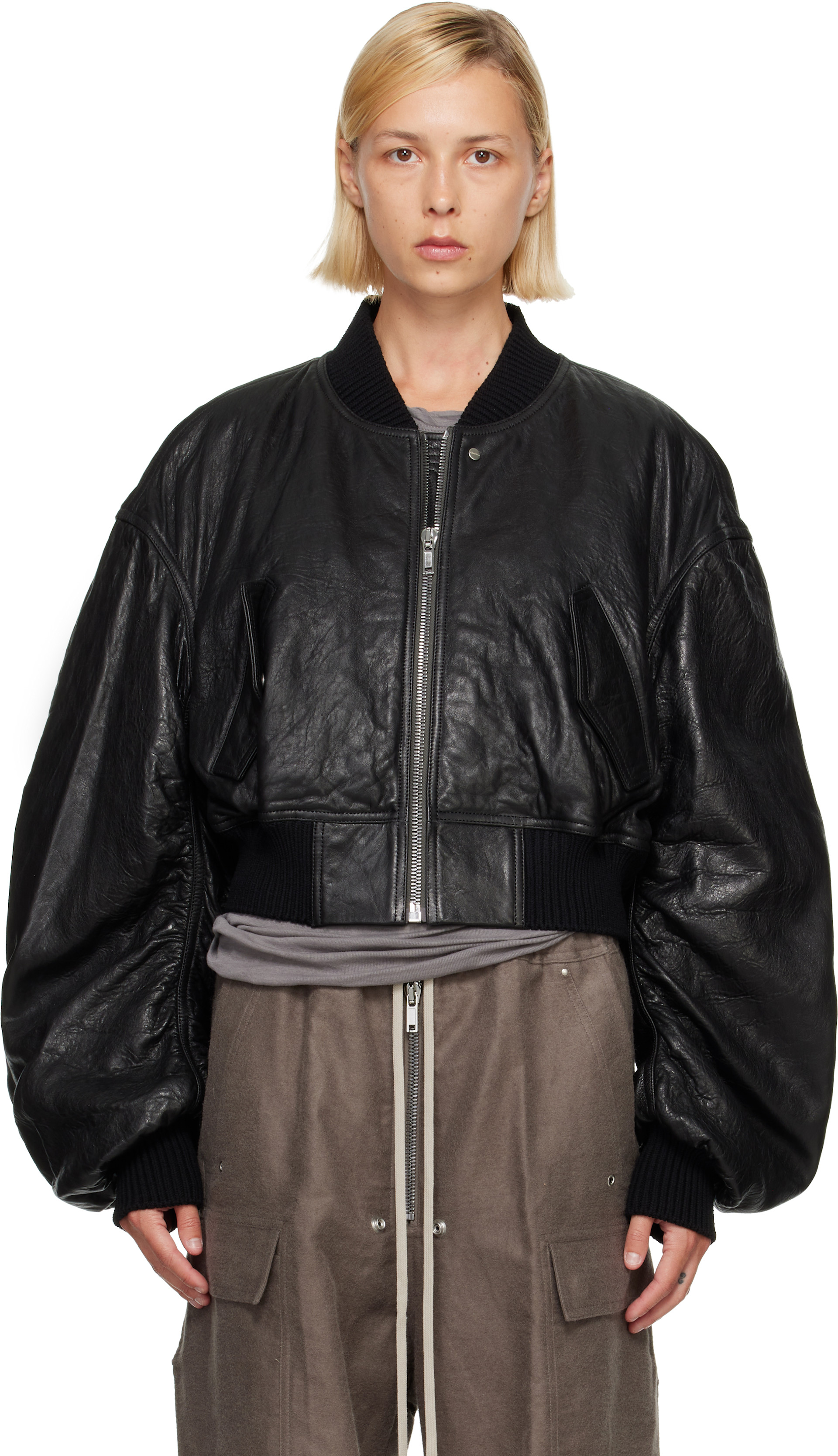 Rick Owens: Black Tower Secchia Cropped Leather Flight Jacket
