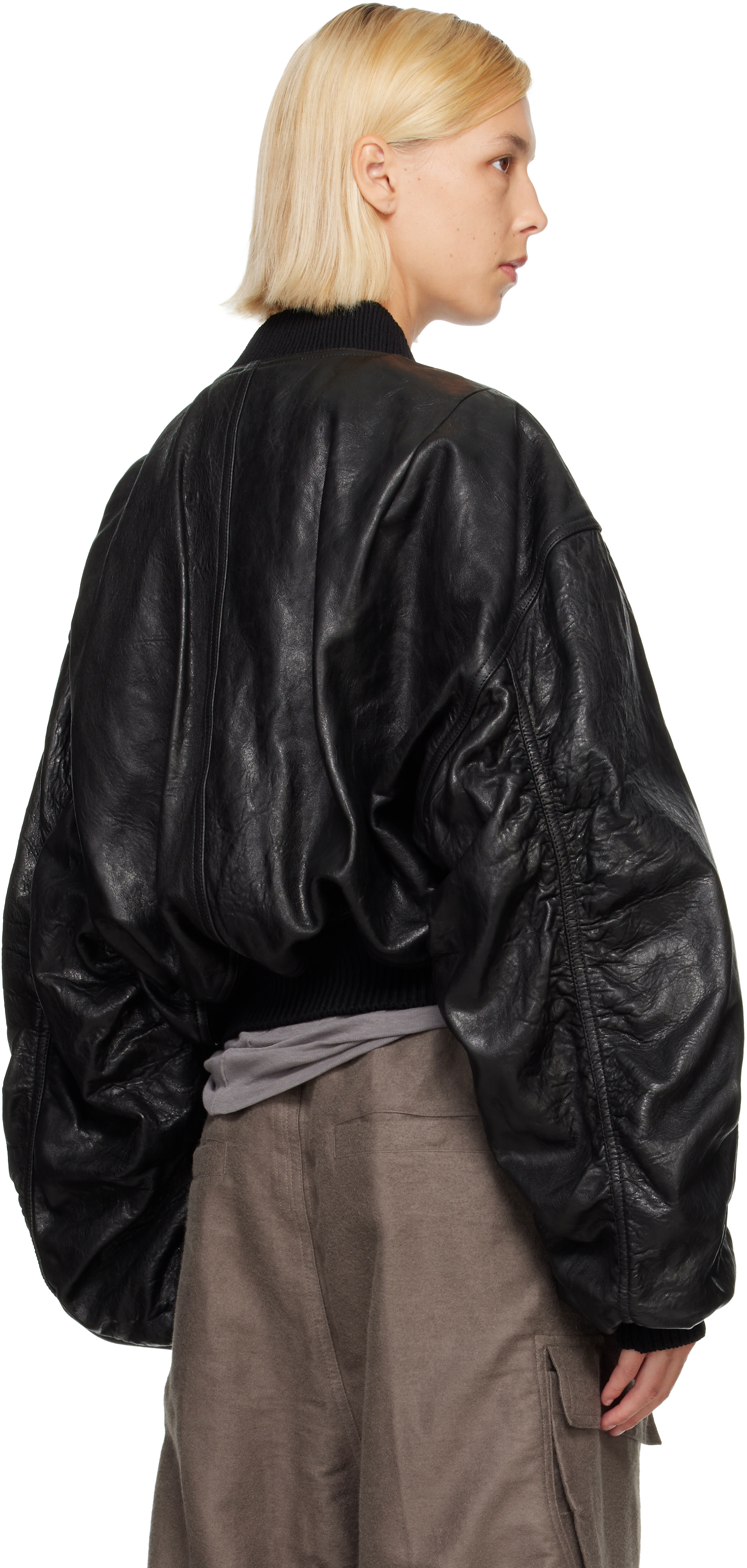 Rick owens風 leather bomber jacket Rick Owens: Black Tower Secchia Cropped Leather Flight Jacket | SSENSE