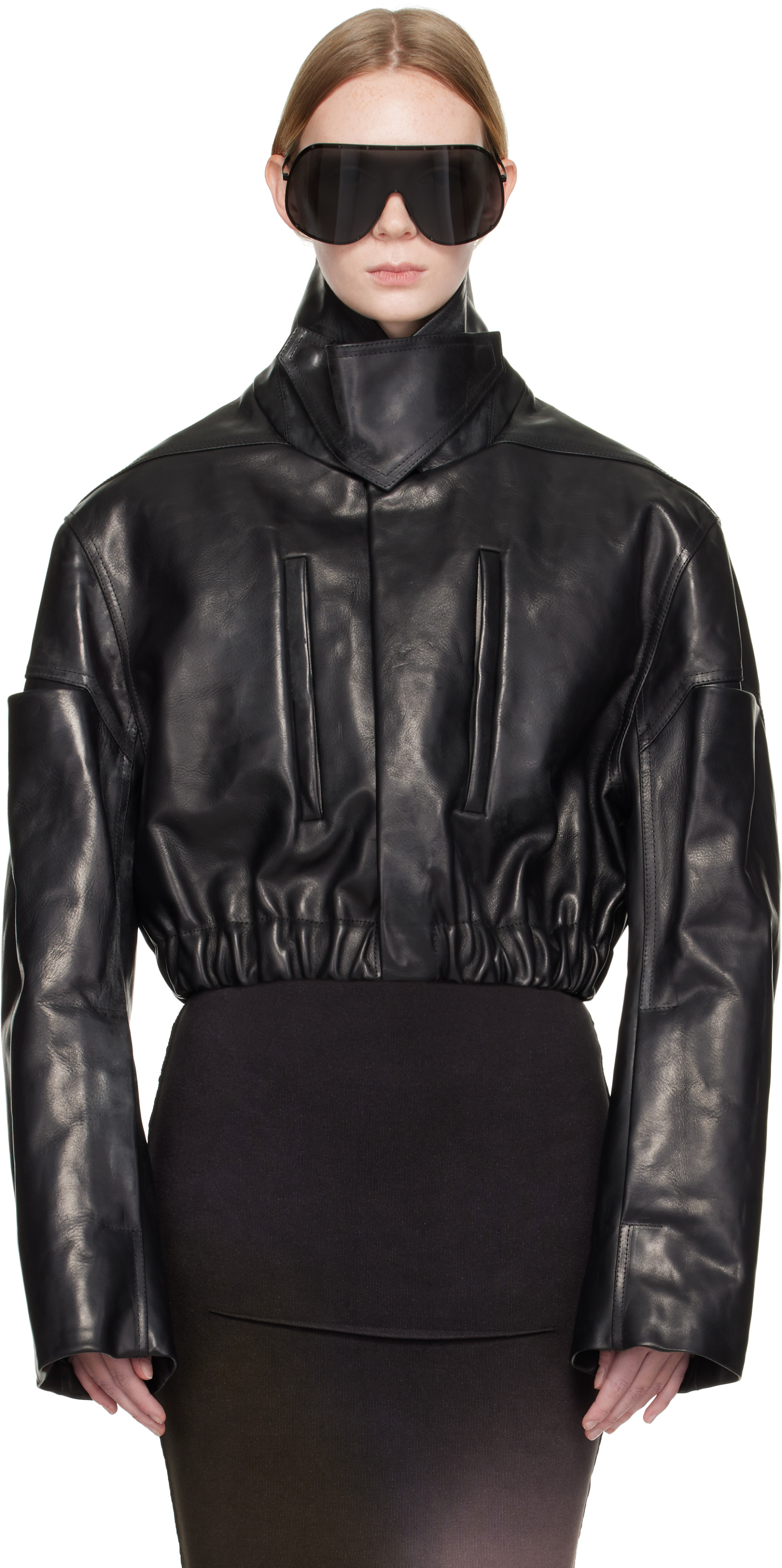 Rick Owens - Black Tower Collared Mac Leather Bomber Jacket