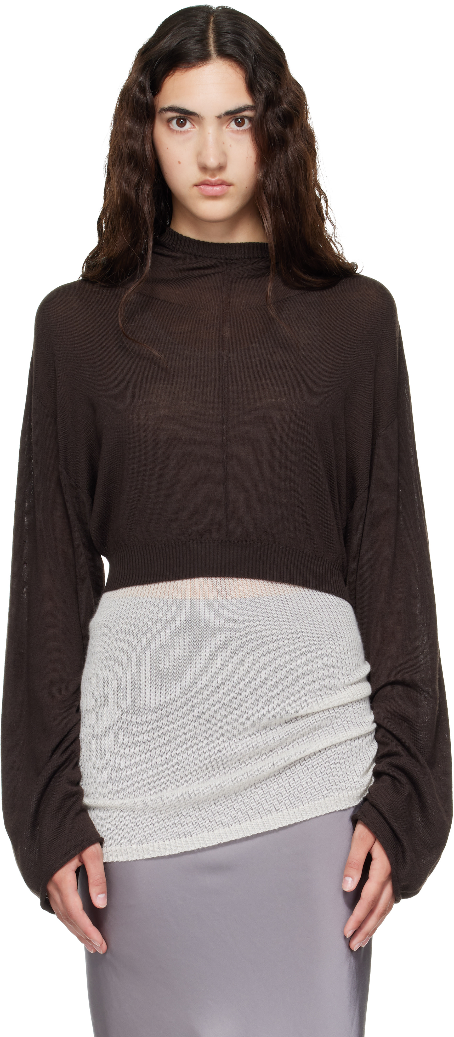 Rick Owens - Pull à capuche de style tunique écourté brun - Tower