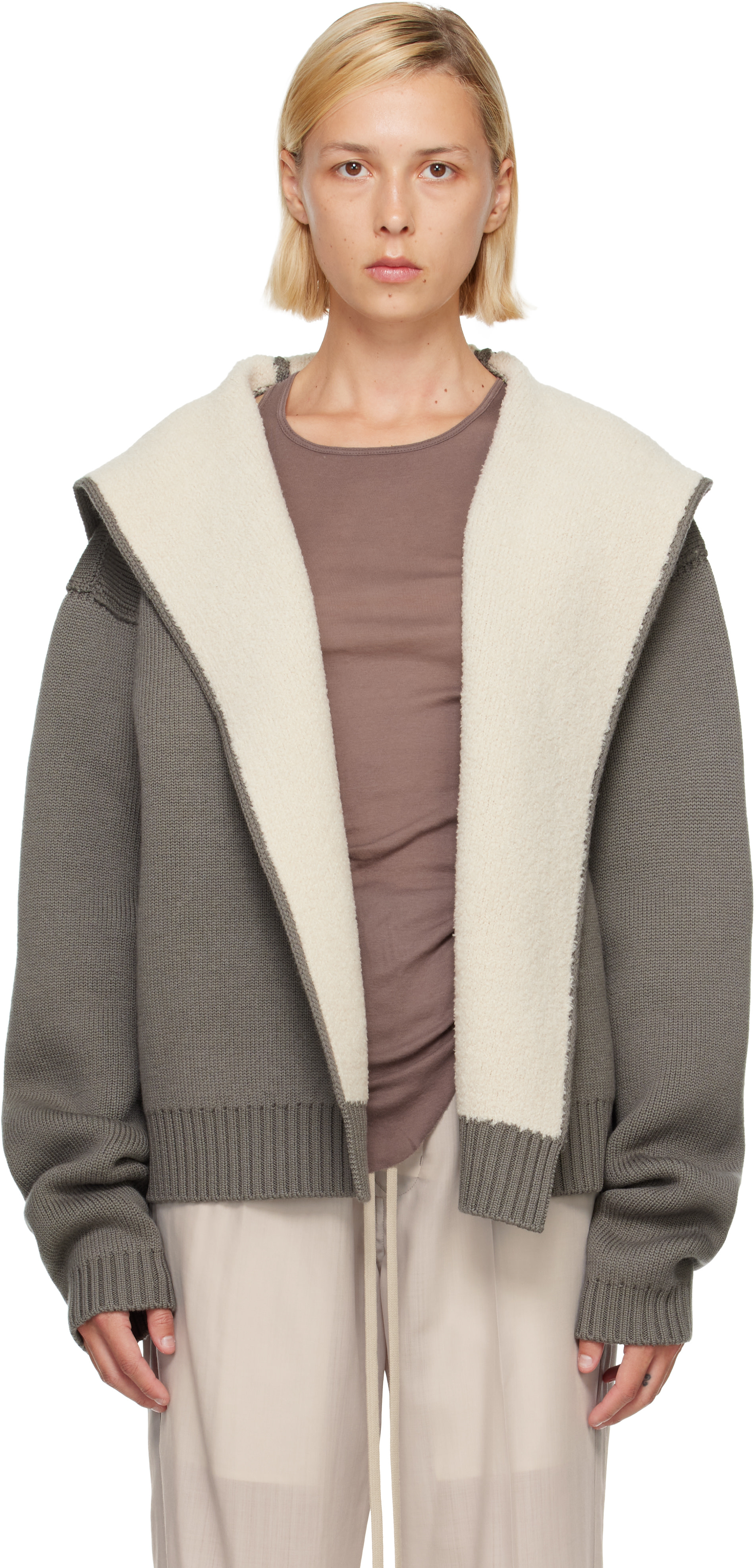 Rick Owens 21ss ニット Rick Owens: Gray & Off-White Tower Reversible Robe Hoodie | SSENSE