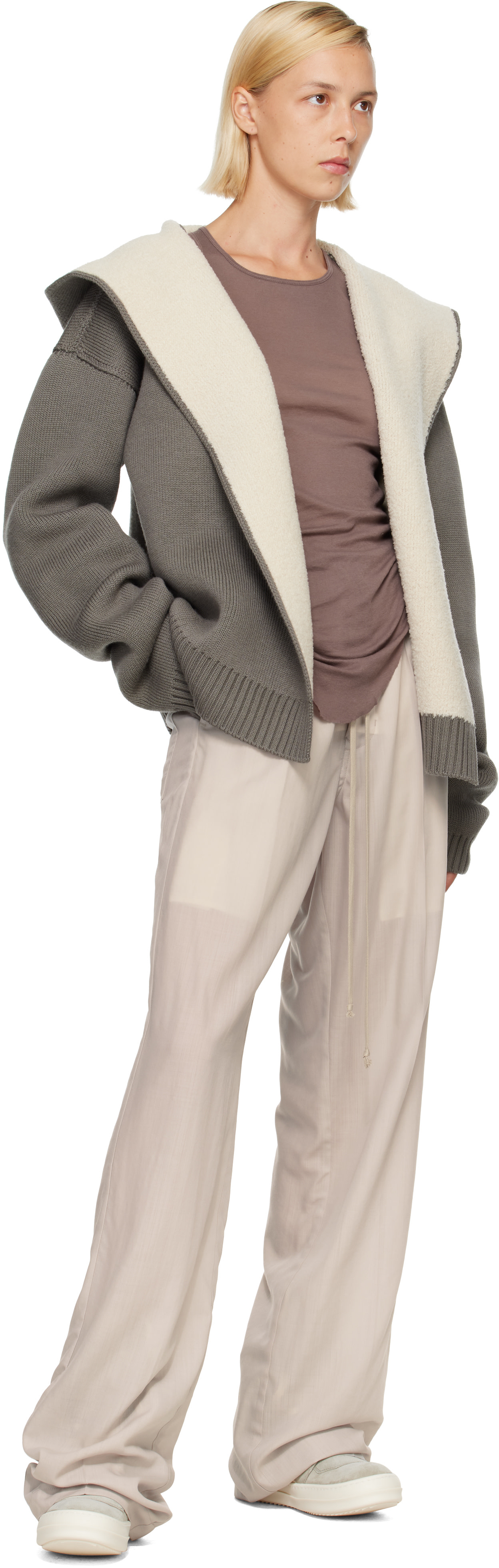 Rick Owens: Gray & Off-White Tower Reversible Robe Hoodie | SSENSE
